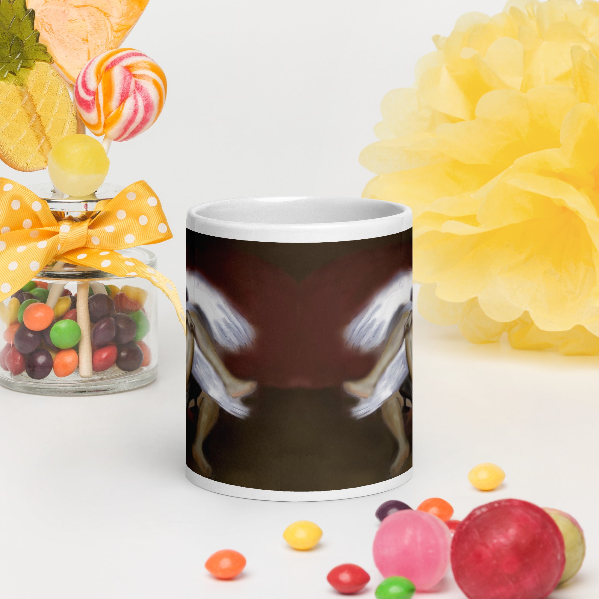 Stunning Premium white ceramic mug features a classical Renaissance-style painting of the mythological tale of Leda and the Swan. In Greek mythology, 20 - oz - front view