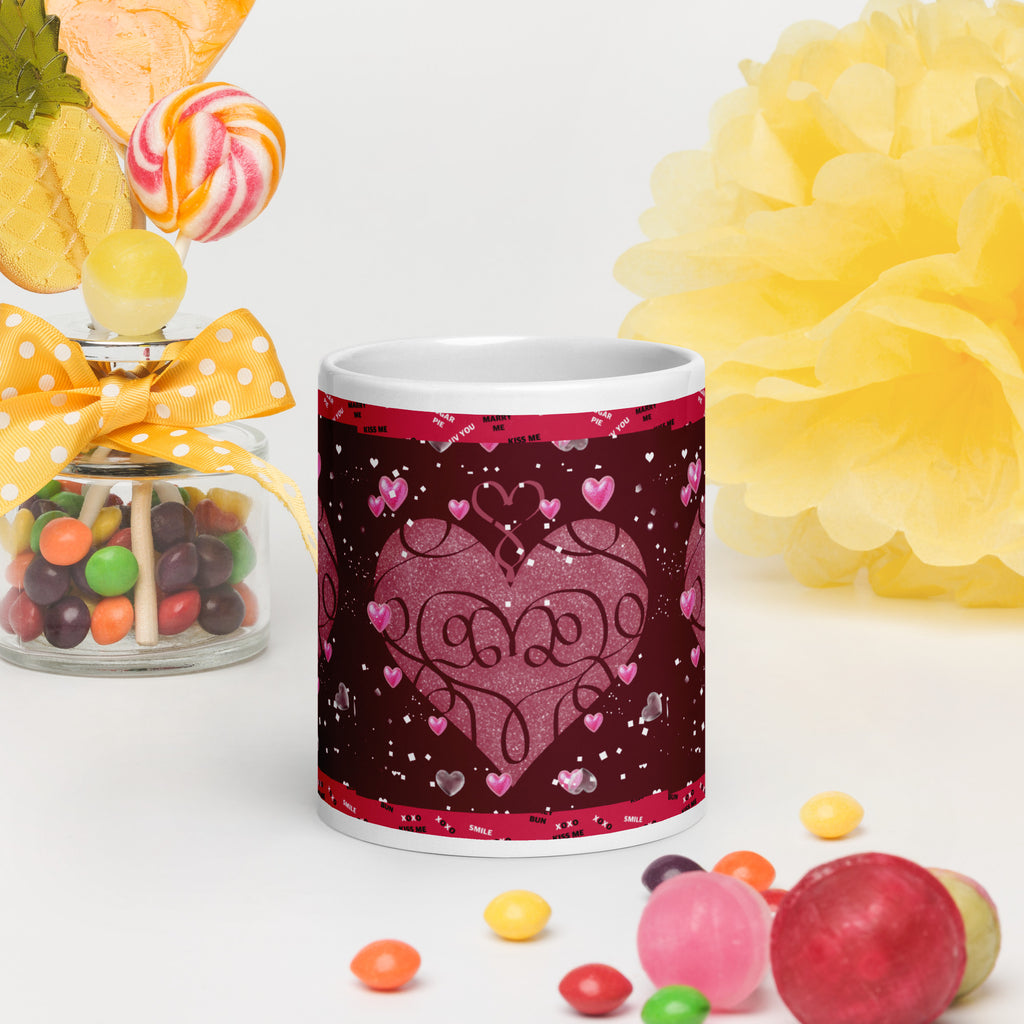 Premium white Sweet Talk Valentine Mug - Rich dark burgundy  background with a pink heart in the center and floating smaller pink hearts all around. The border has love messages 20- oz - front view
