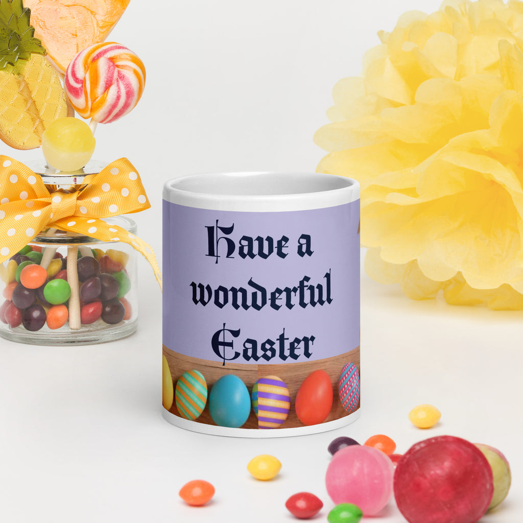 Premium white ceramic - with customizable text- Dapper Bunny Easter mug with colorful easter egg design - 20 oz front view