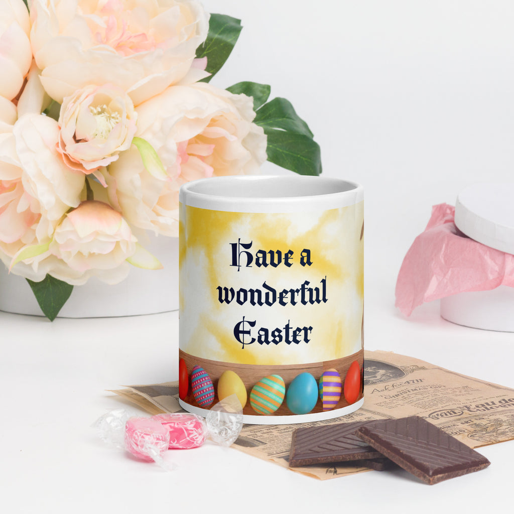 Premium Dishwasher and Microwave safe ceramic - Easter design with customizable text  20 oz front view