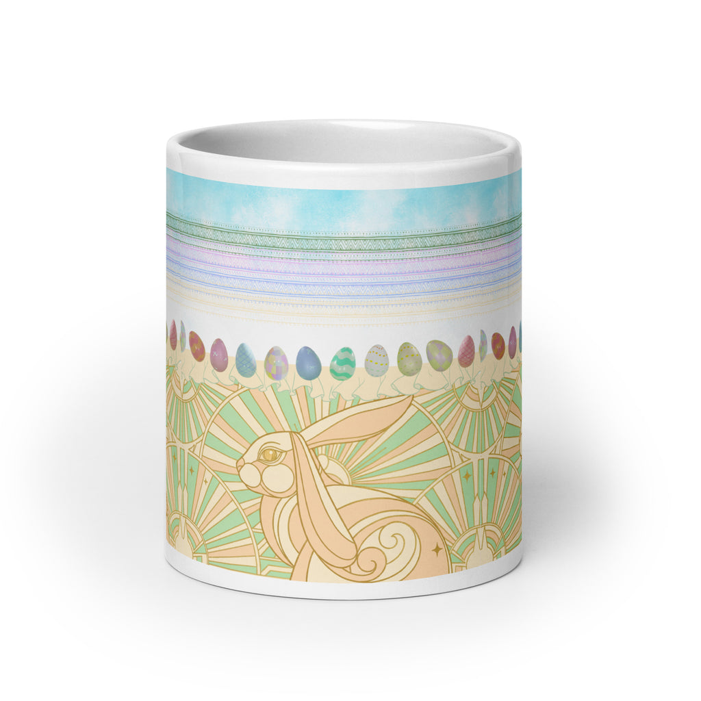 Premium white ceramic - Art Deco Easter bunny mug - Elegant geometric and ornamental details
Perfect blend of vintage Art Deco and spring Easter themes - 20 oz front view