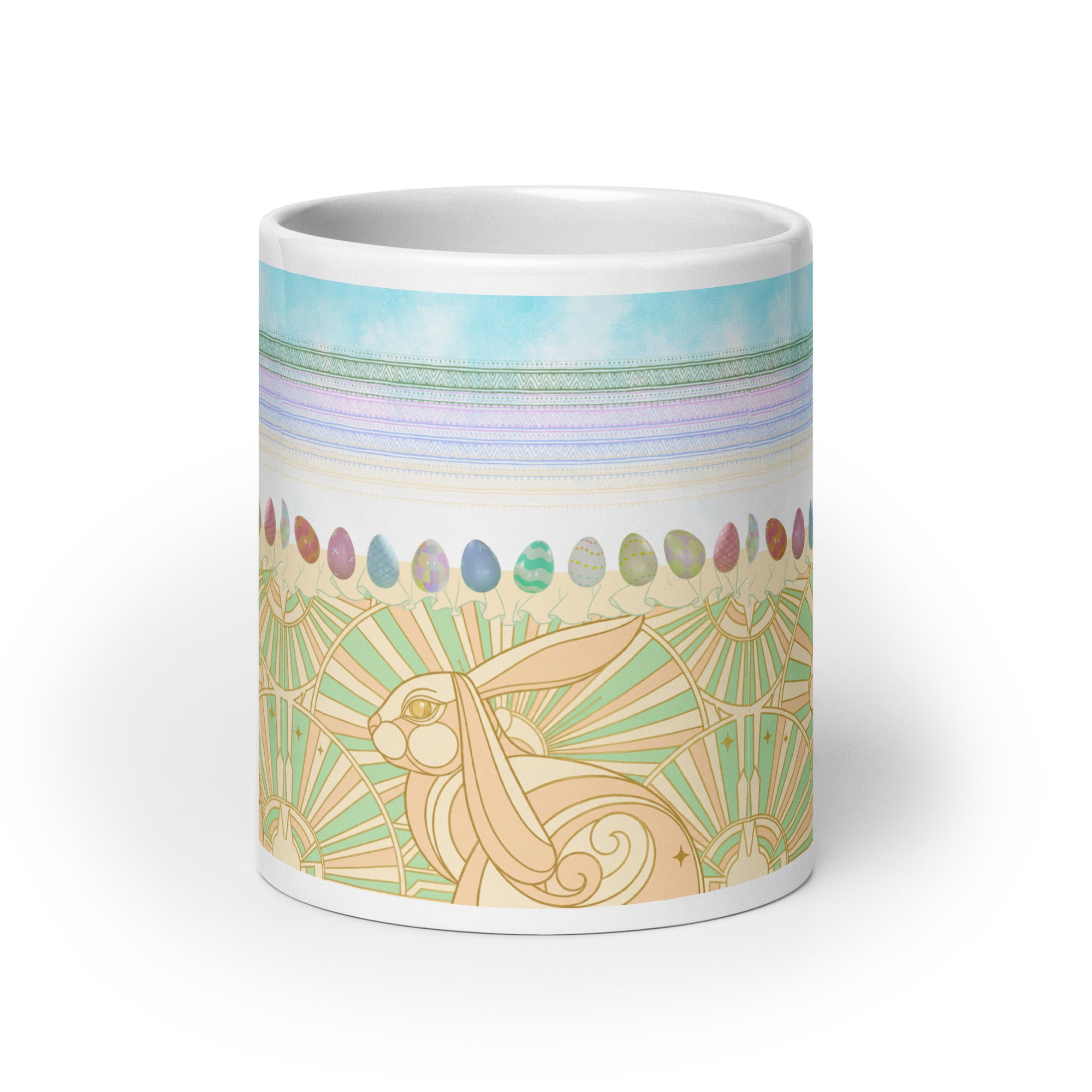Premium white ceramic - Art Deco Easter bunny mug - Elegant geometric and ornamental details
Perfect blend of vintage Art Deco and spring Easter themes - 20 oz front view