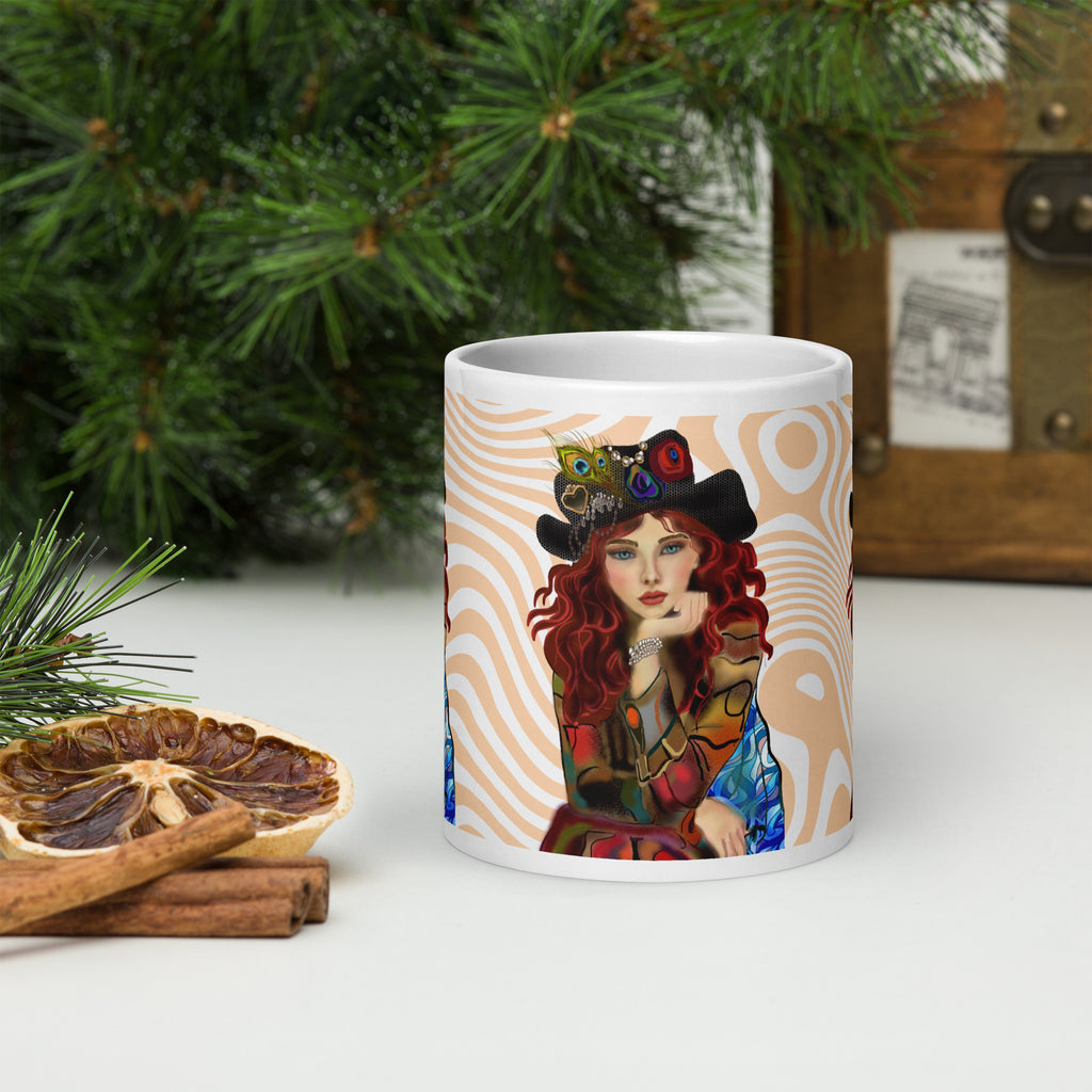Premium White Ceramic -Steampunk Peacock Woman Mug - Whimsical Patchwork White Ceramic-20-oz-front