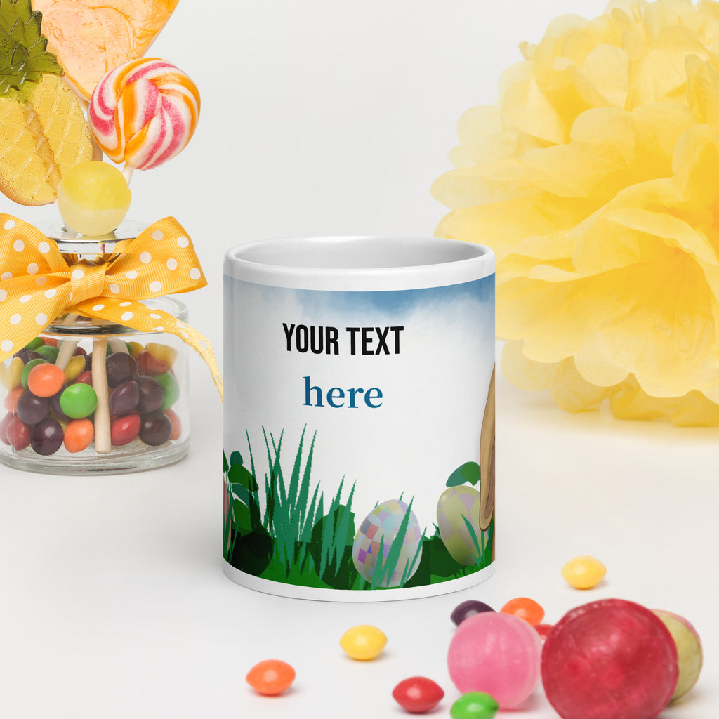 Premium white ceramic Mug - Spring Bunny Lady Mug - Personalized Easter Ceramic Coffee Mug - sky blue- 20oz - Area for personalized text - front view