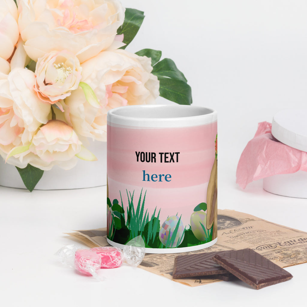 Premium white ceramic Mug - Spring Bunny Lady Mug - Personalized Easter Ceramic Coffee Mug - pink 20oz - Area for personalized text - front view