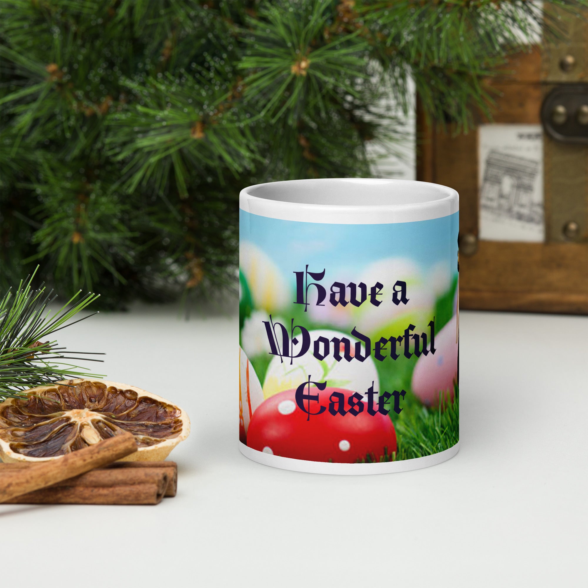  Premium white ceramic - with customizable text- Dapper Bunny Easter mug with colorful easter egg design - 20 oz front view

