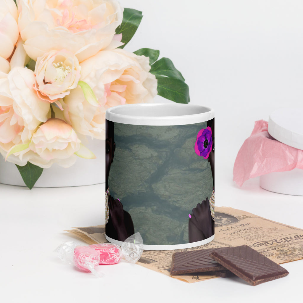 Black History Month - Premium white ceramic mug featuring portrait of Black woman with purple flower, pearls and pink nails 20-oz front view