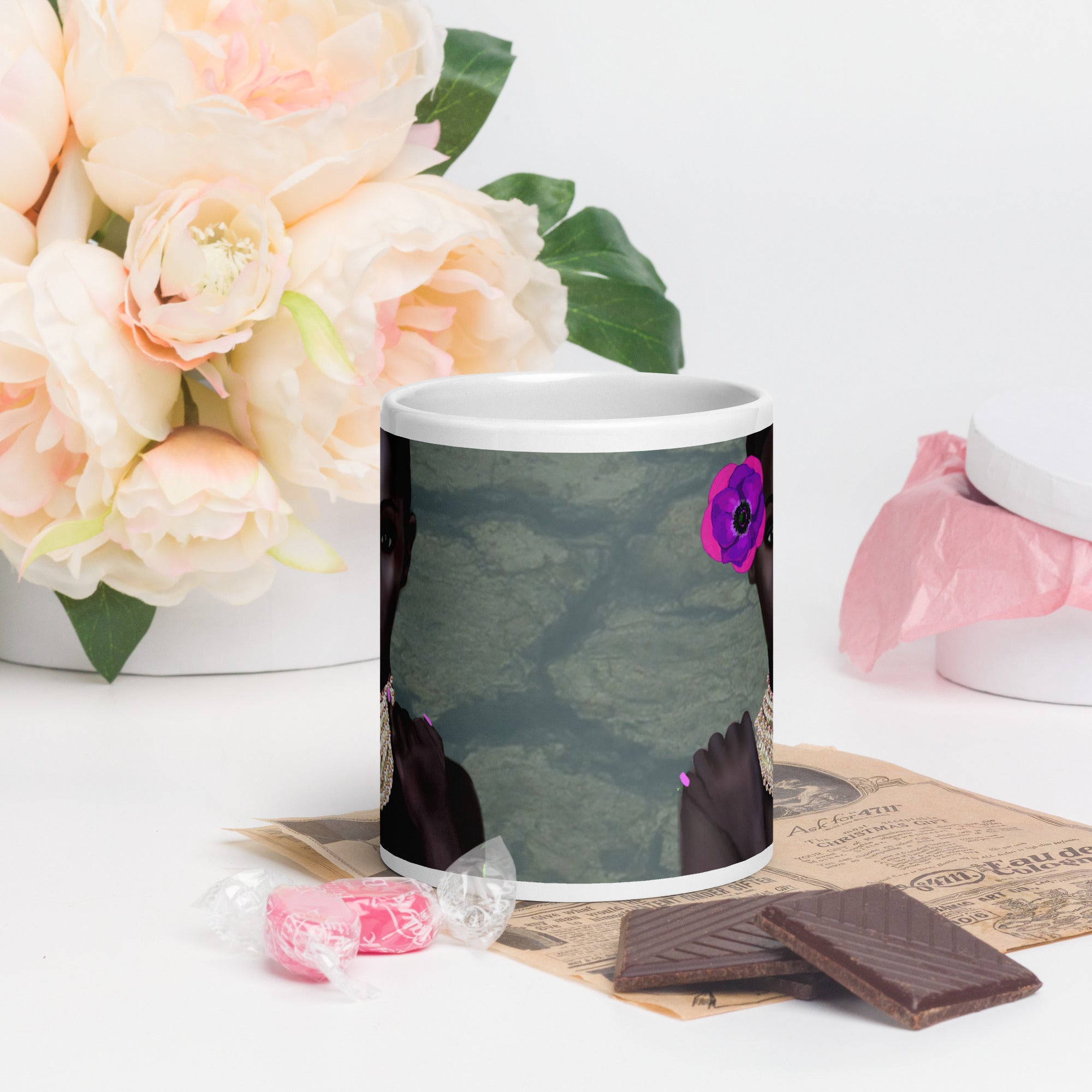Black History Month - Premium white ceramic mug featuring portrait of Black woman with purple flower, pearls and pink nails 20-oz front view
