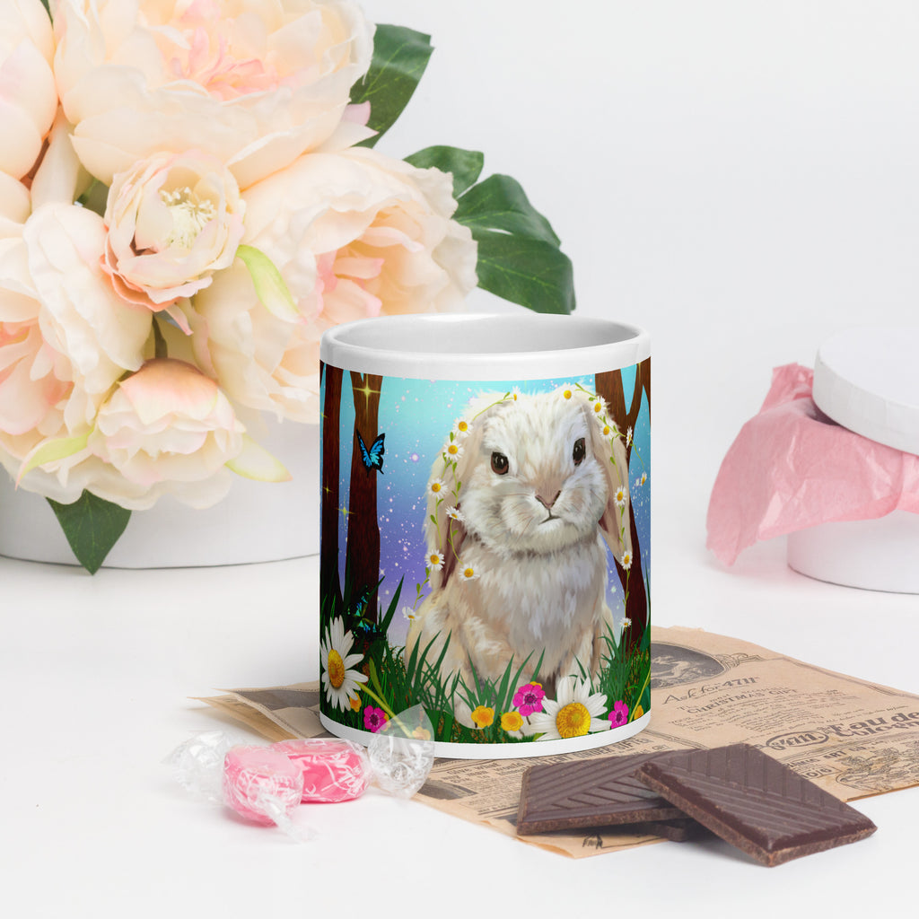 Magical Forest Bunny Mug - Enchanted Easter Bunny with Flower Crown sitting in the grass surrounded  magical trees. flowers and delicate butterflies -20-oz-front view