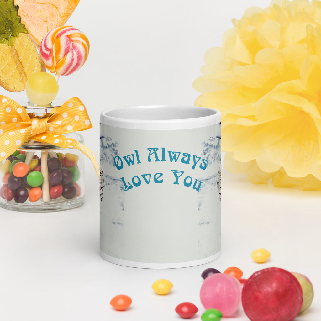 Enchanting Premium white ceramic mug features a beautiful woman with a majestic snowy owl in a magical winter wonderland. With the heartwarming message "Owl Always Love You," this design celebrates love, nature, and the magic of winter - 20 - oz front view