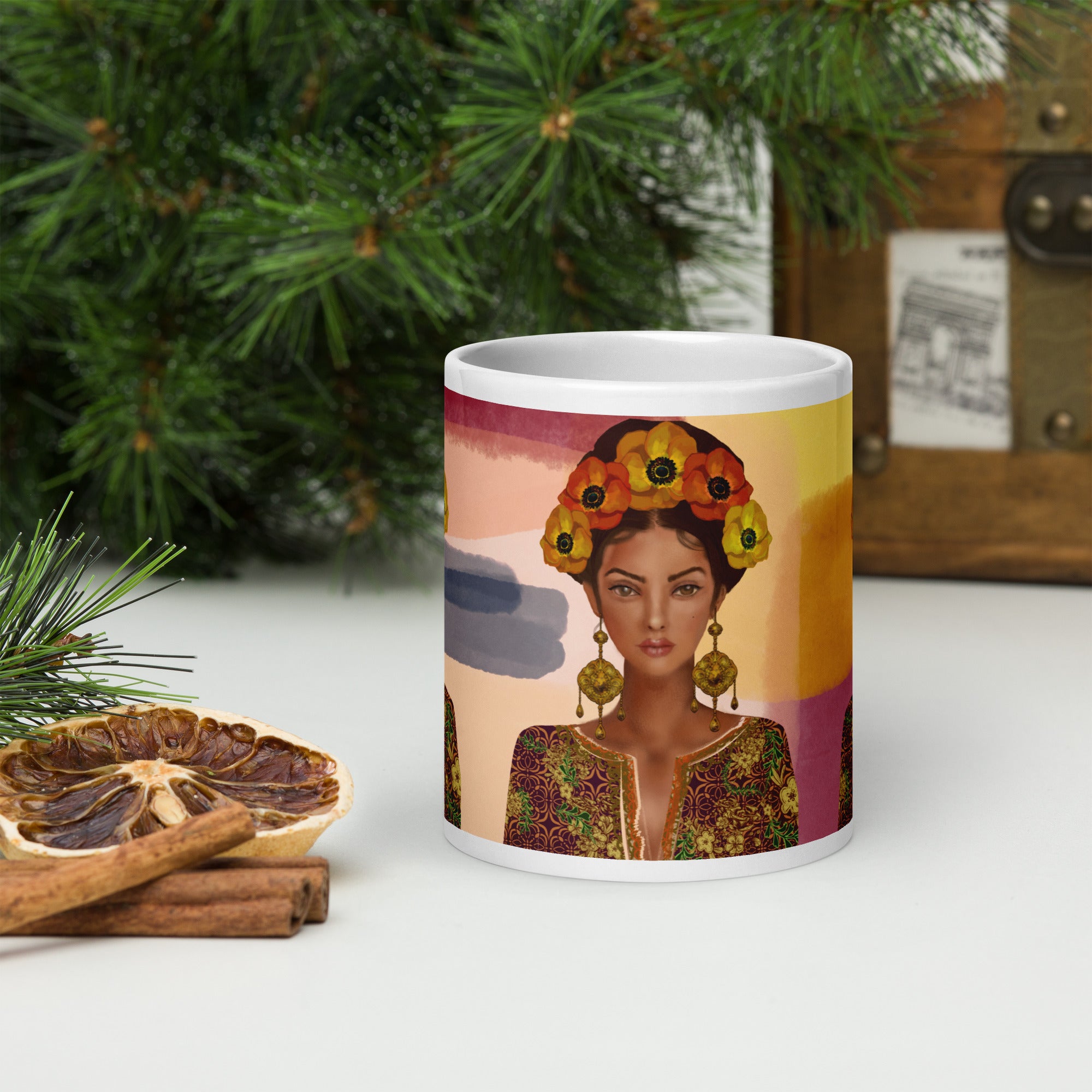 Premium white ceramic -Frida Kahlo Inspired Floral Crown Mug - Artistic Ceramic Coffee Mug- white-11-oz-front