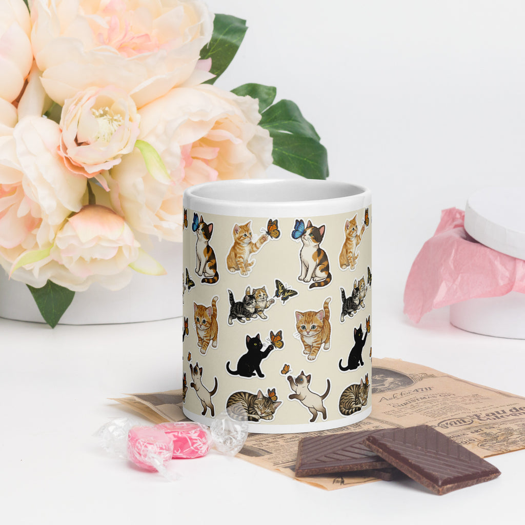 Premium White Glossy Ceramic  -Kittens and Butterflies Ceramic Mug - Adorable Cat & Butterfly Ceramic - 20 -oz - front view