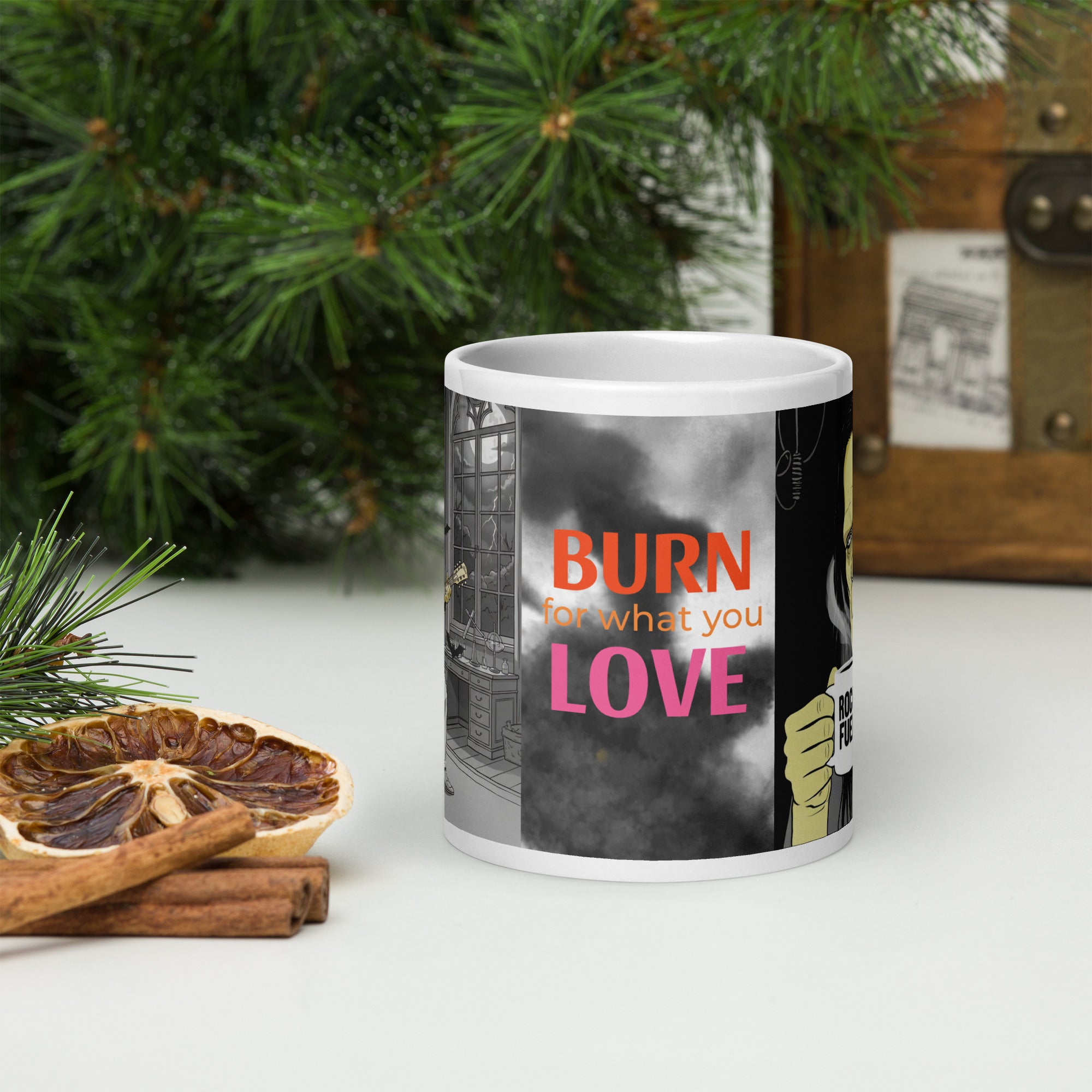 Brew-kenstein Coffee Monster | Burn for What You Love …Premium ceramic mug-Eerie sky with full moon - words "BURN for what you LOVE" written on front- 20 oz front view