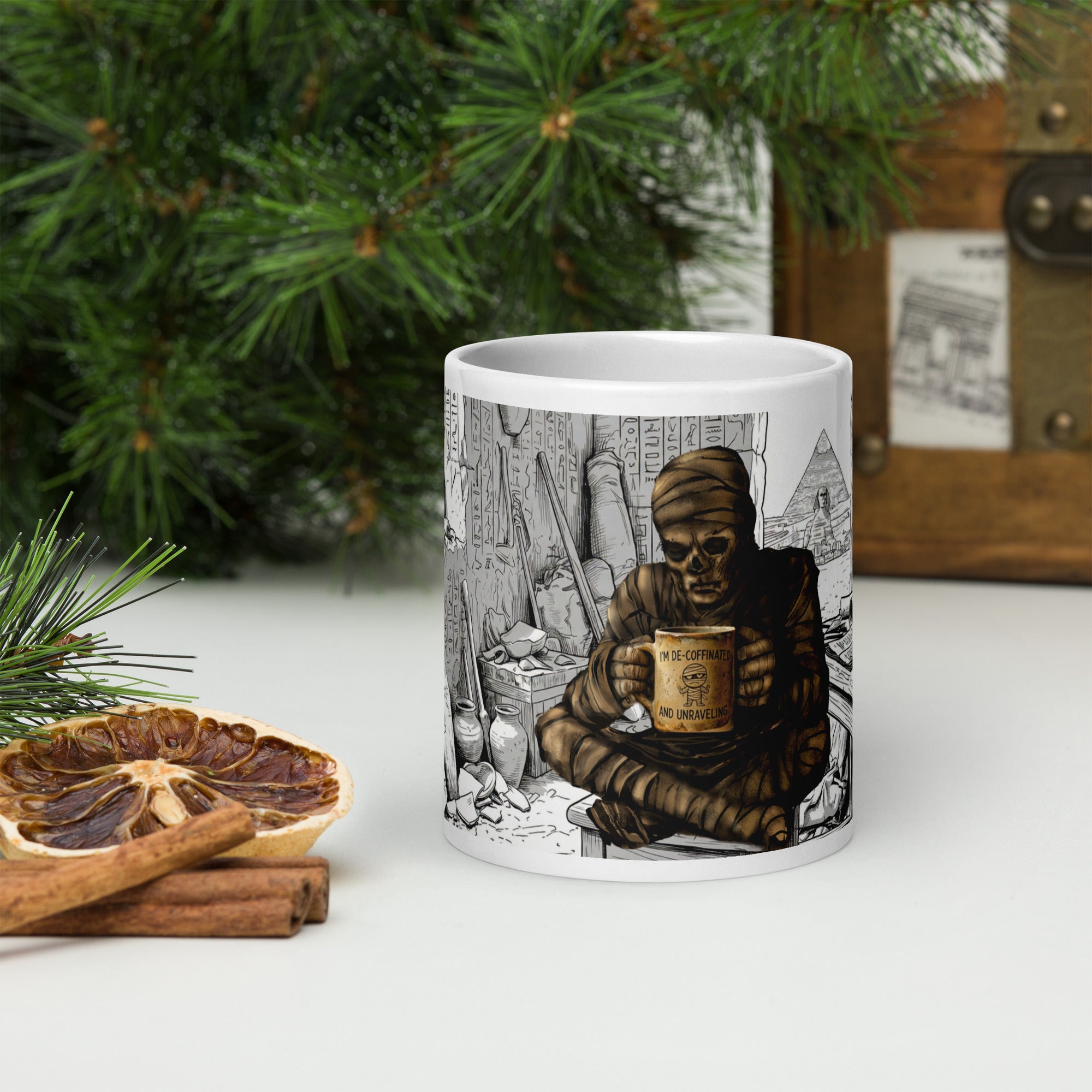  Premium white ceramic coffee mug -Surrounded by hieroglyphic-covered walls, ancient pottery, scrolls, and artifacts  20 oz - front view