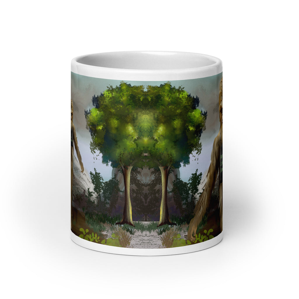 Premium white ceramic - Big Foot Mug- Rare. Like a Good Cup 20 oz size - Shows view deep in the forest - front view