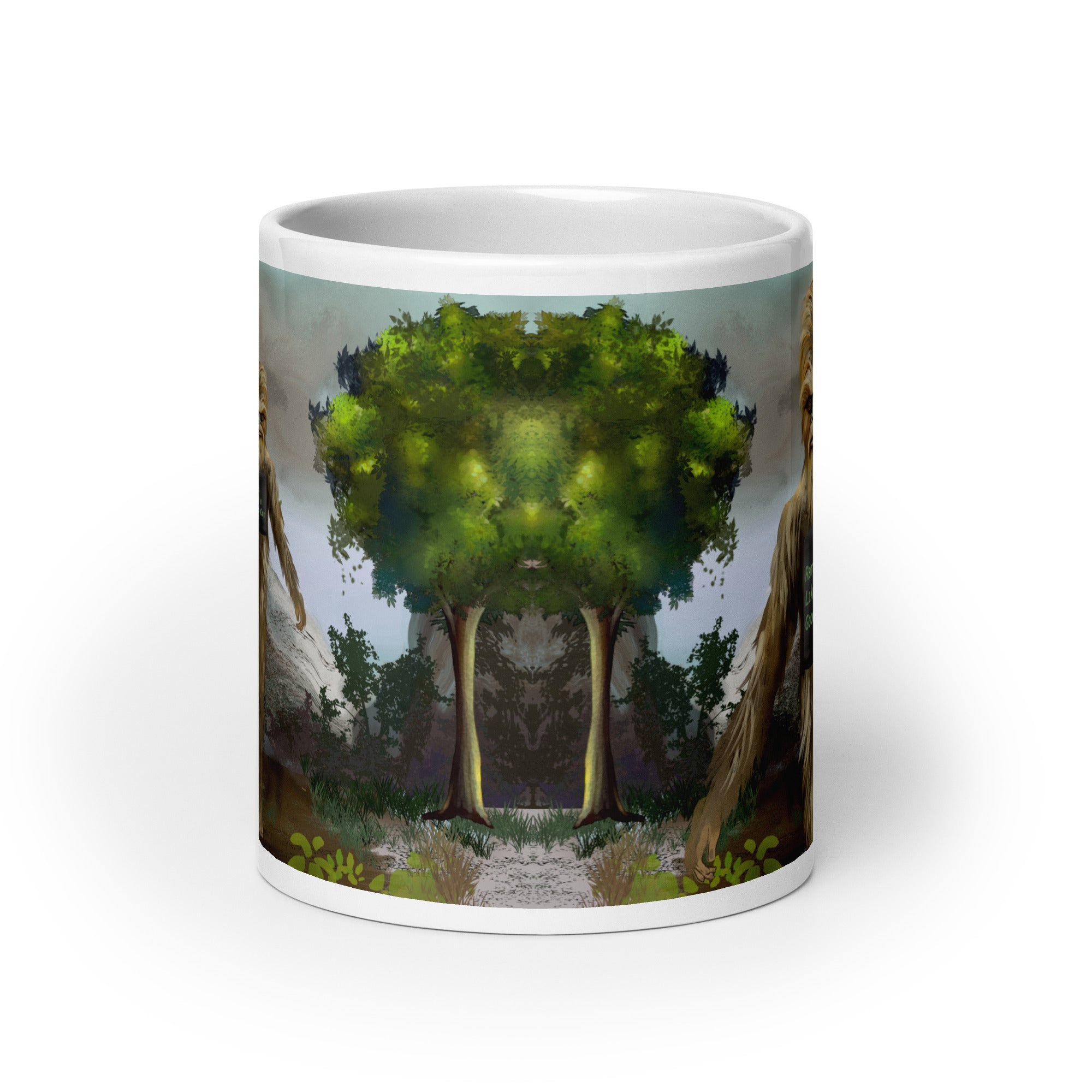 Premium white ceramic - Big Foot Mug- Rare. Like a Good Cup 20 oz size - Shows view deep in the forest - front view