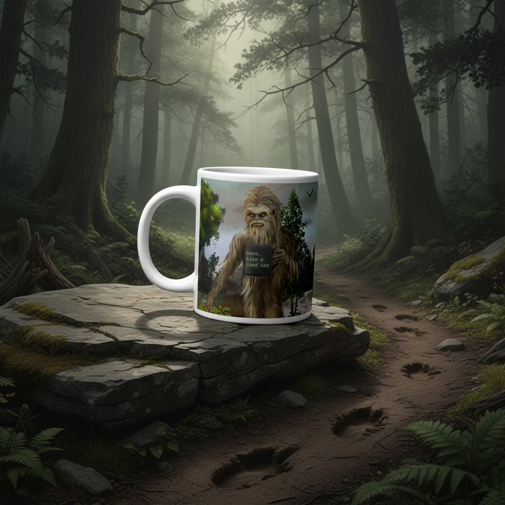 Premium white ceramic - Big Foot Mug- Rare. Like a Good Cup 20 oz size - Shows Big foot holding mug deep in the forest - right view & left vew