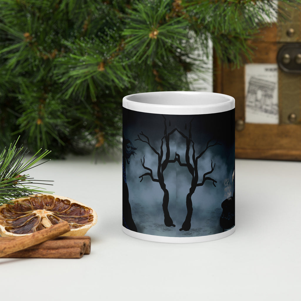 Premium glossy white ceramic - Brewing since before it was cool mug- misty forest scene with crescent moon - elegant witch stirring a cauldron filled with coffee - 20 oz front view