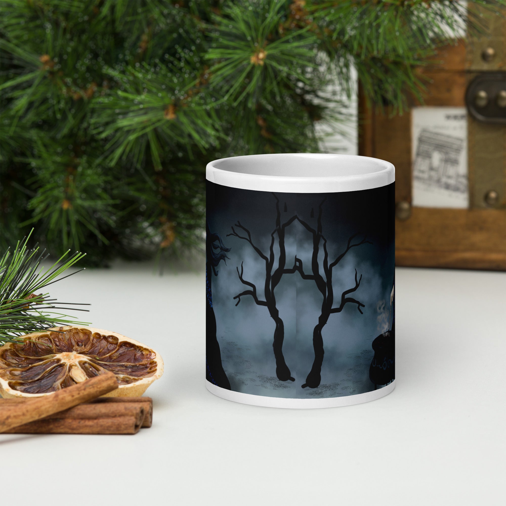 Premium glossy white ceramic - Brewing since before it was cool mug- misty forest scene with crescent moon - elegant witch stirring a cauldron filled with coffee - 20 oz front view