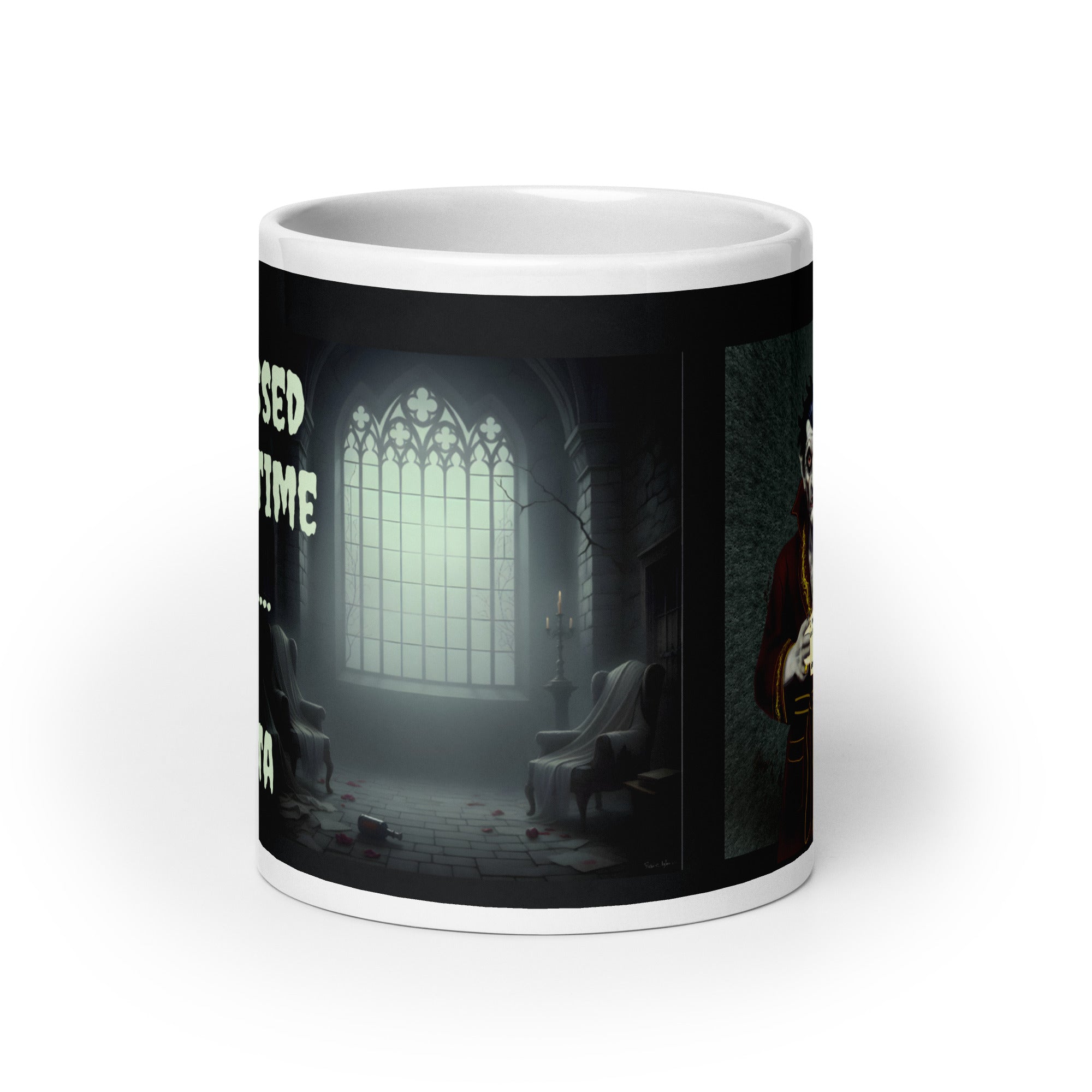 Dracula Coffee Mug - I Have Crossed Oceans of Time to Find a Barista- Premium white ceramic mug -castle window - 20 oz front view