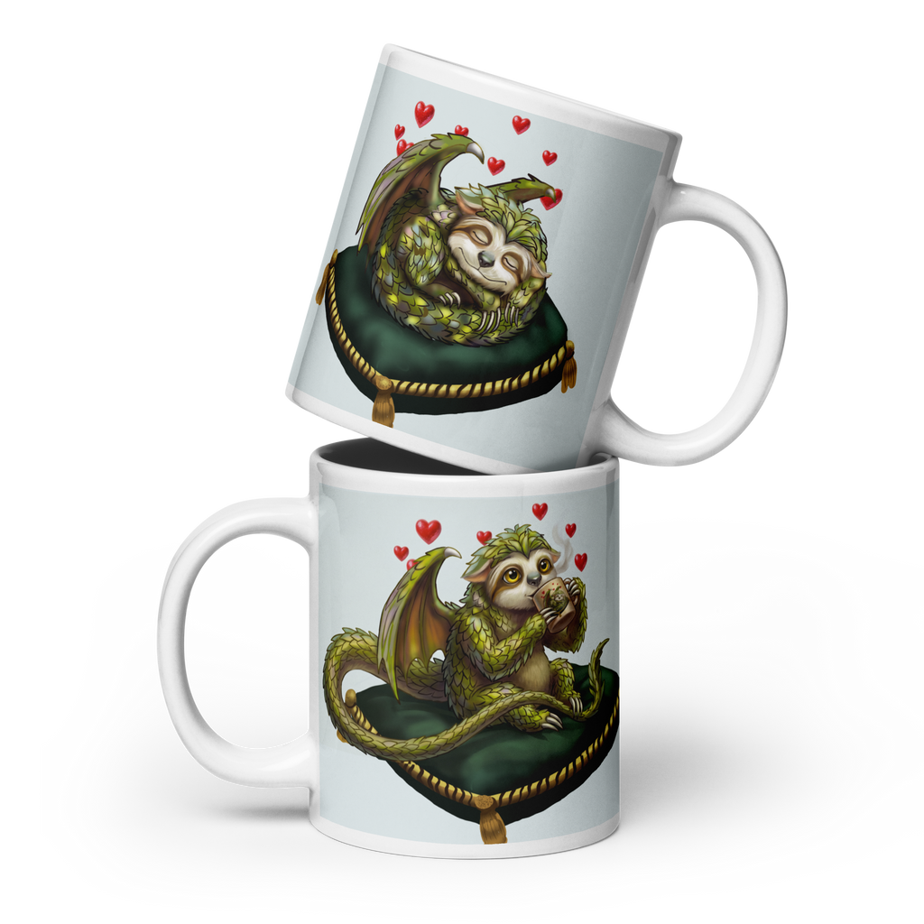 Sleepy Sloth Dragon mug right and left views — sleeping dragon curled on velvet pillow and awake dragon sipping coffee- 20 oz ceramic