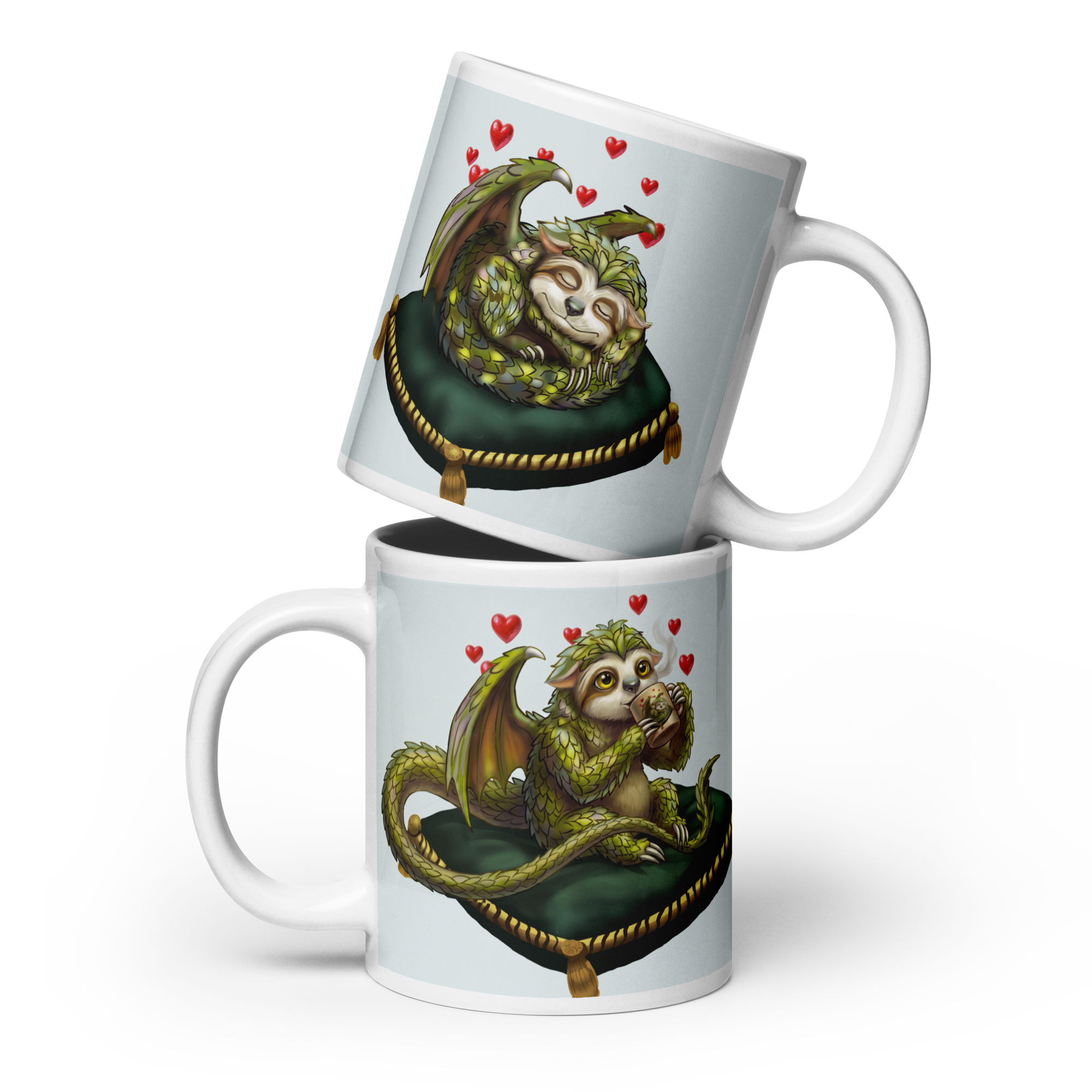Sleepy Sloth Dragon mug right and left views — sleeping dragon curled on velvet pillow and awake dragon sipping coffee- 20 oz ceramic