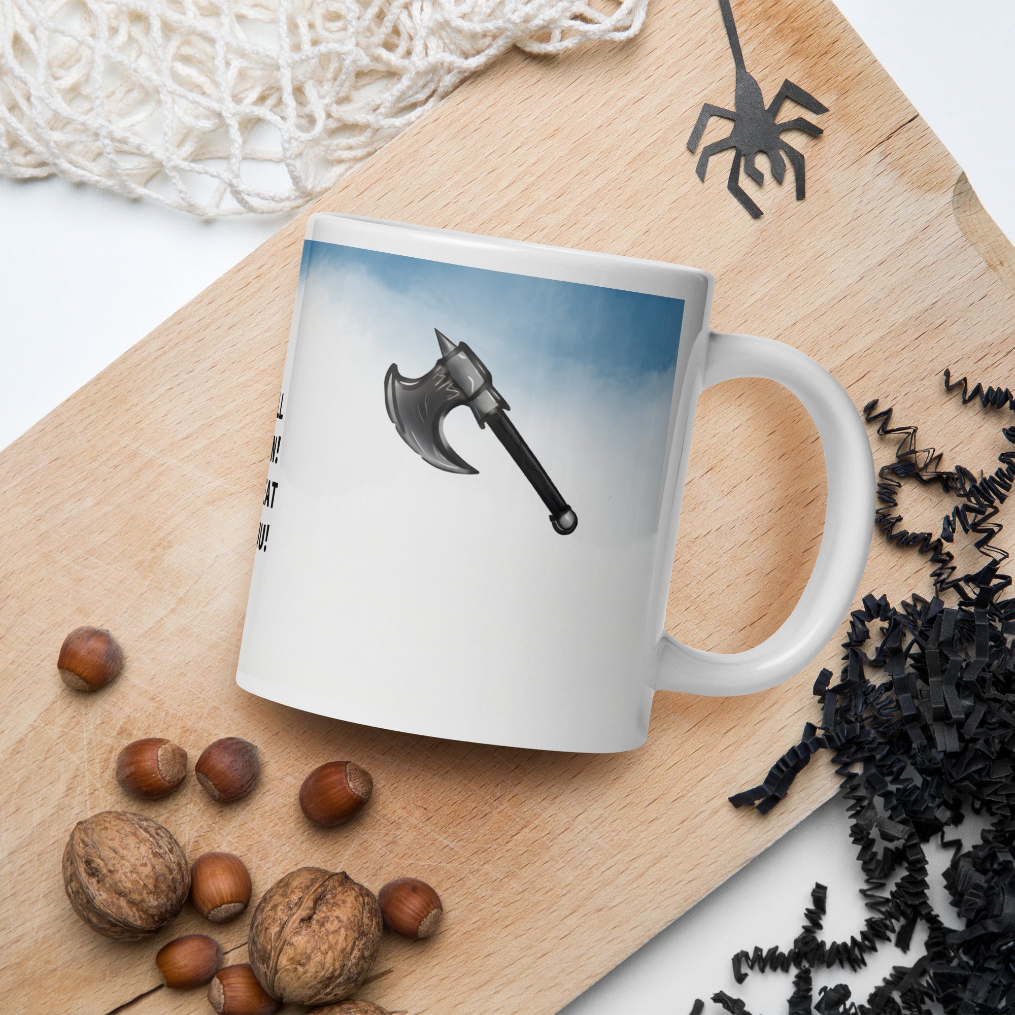 I Smell Human I Will Eat Youuuu Mug - Coffee Ogre Warrior | Brew Crew- Premium ceramic white mug with big axe - 20 oz - right view