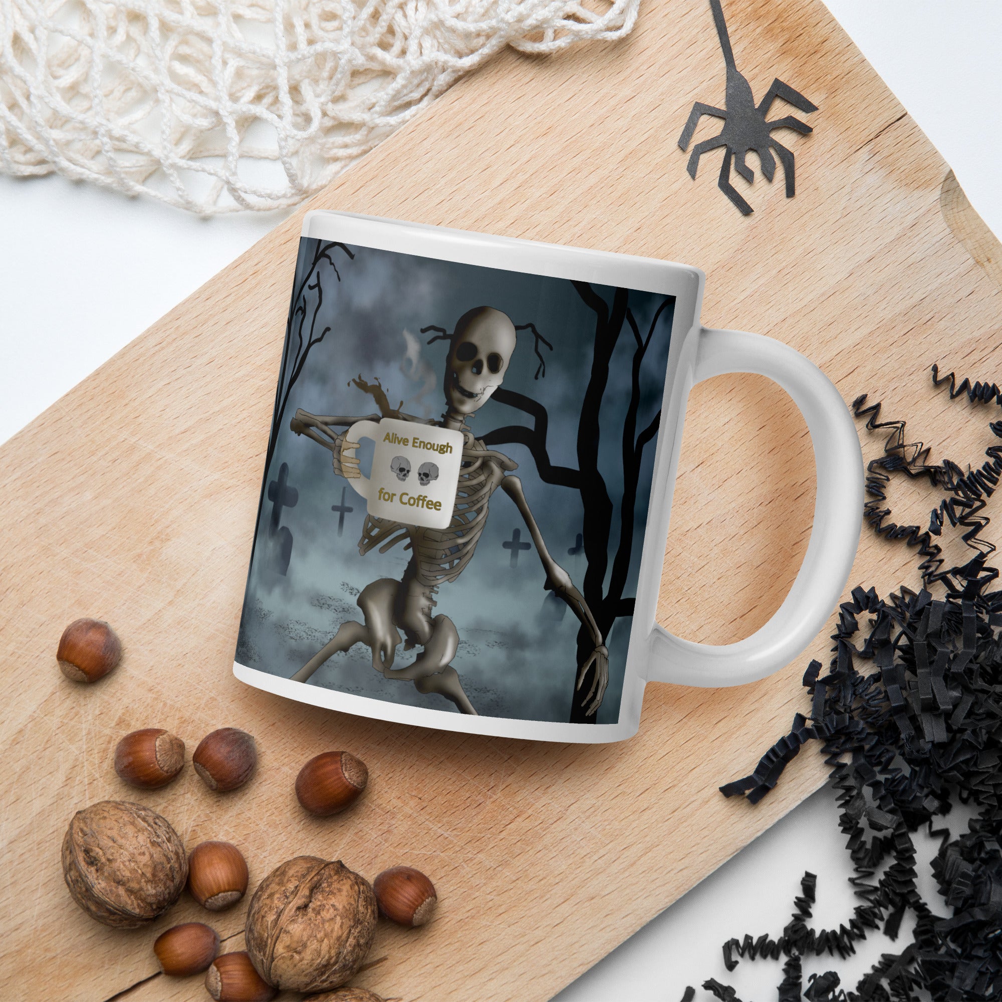 Premium white glossy ceramic mug -  Alive Enough for  Coffee - dancing skeleton holding coffee mug - graveyard scene  20 oz right view