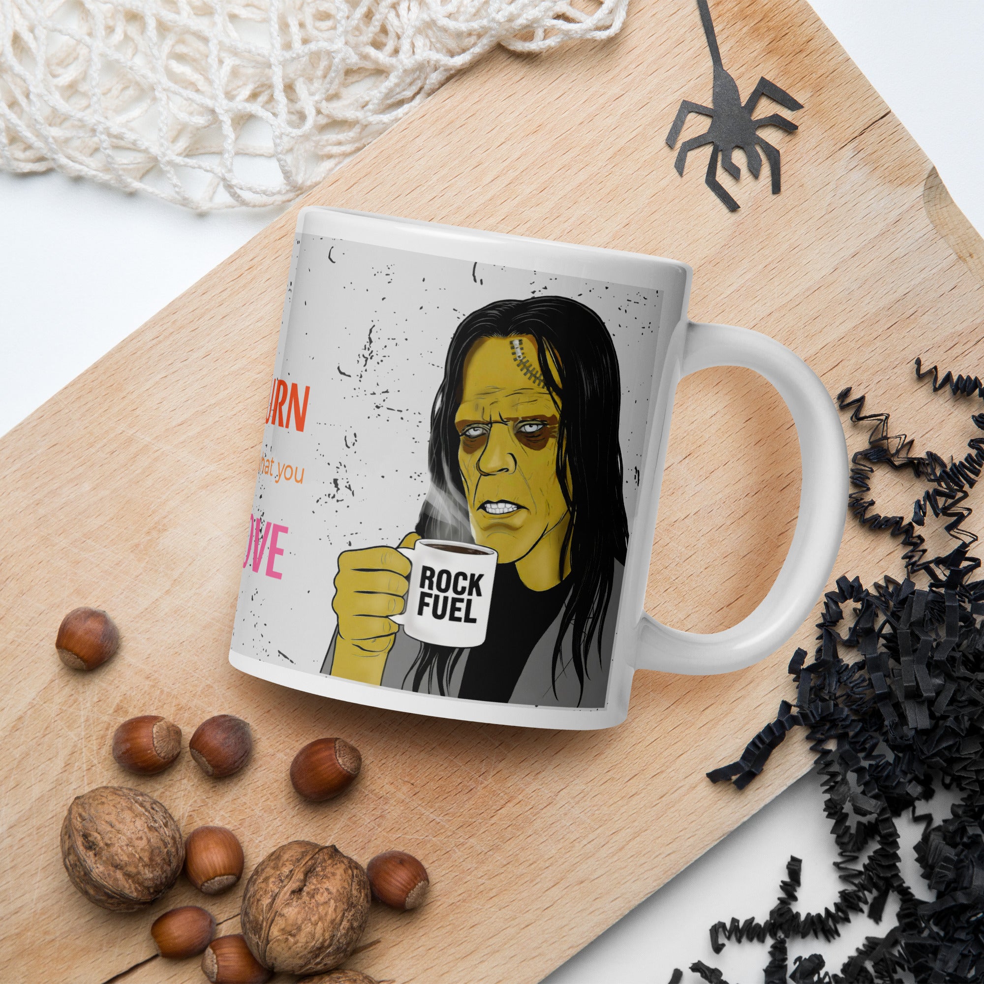 Brew-kenstein Coffee Monster | Burn for What You Love …Premium ceramic mug-Monster with mug "Rock Fuel" written on front- 20 oz right view