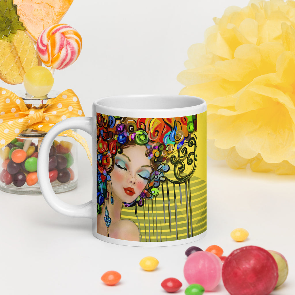 Art Deco Rainbow Swirl Woman Mug - Klimt Inspired White Ceramic Mug-20-oz-left
