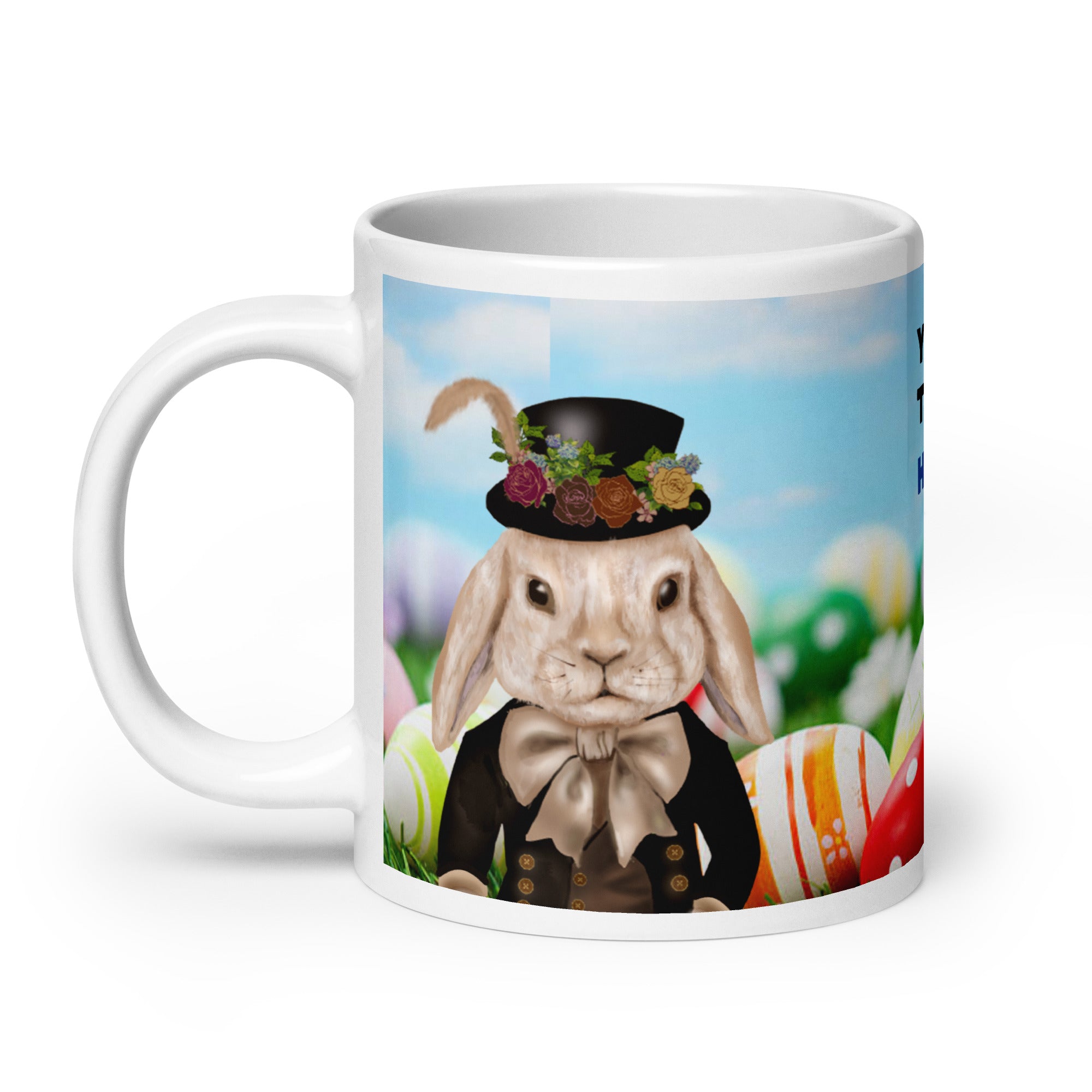 Personalized Dapper Bunny Easter Mug with custom text option on sky blue background with Easter eggs - 20 oz ceramic mug - left view