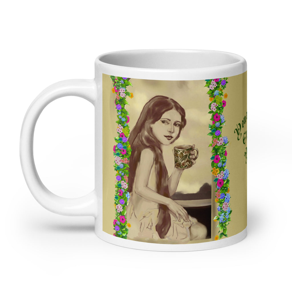 Beautiful Premium white ceramic mug features a vintage sepia-toned woman with flowing hair, holding an ornate decorative mug, framed by colorful floral garlands. With the empowering message "You are Enough Exactly as You are" -20 - oz left view