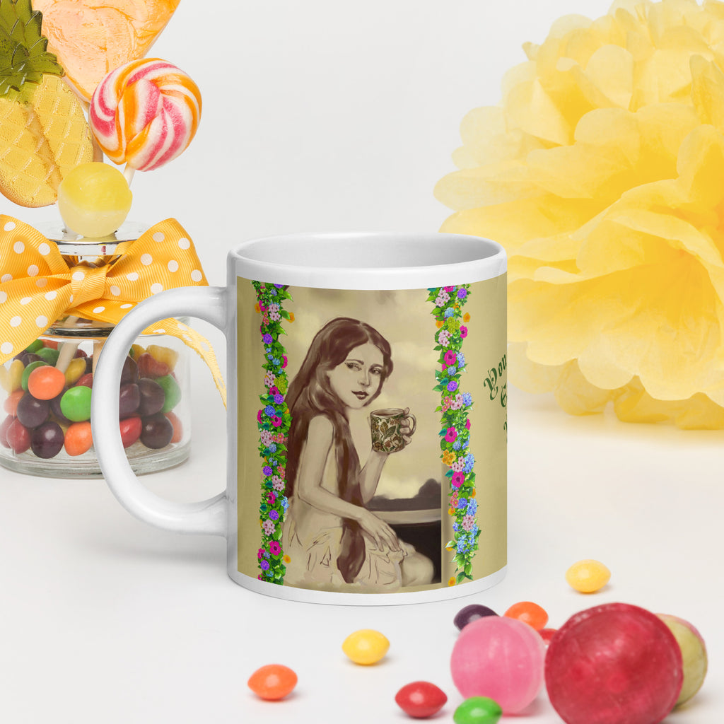 Beautiful Premium white ceramic mug features a vintage sepia-toned woman with flowing hair, holding an ornate decorative mug, framed by colorful floral garlands. With the empowering message "You are Enough Exactly as You are" -20 - oz left view