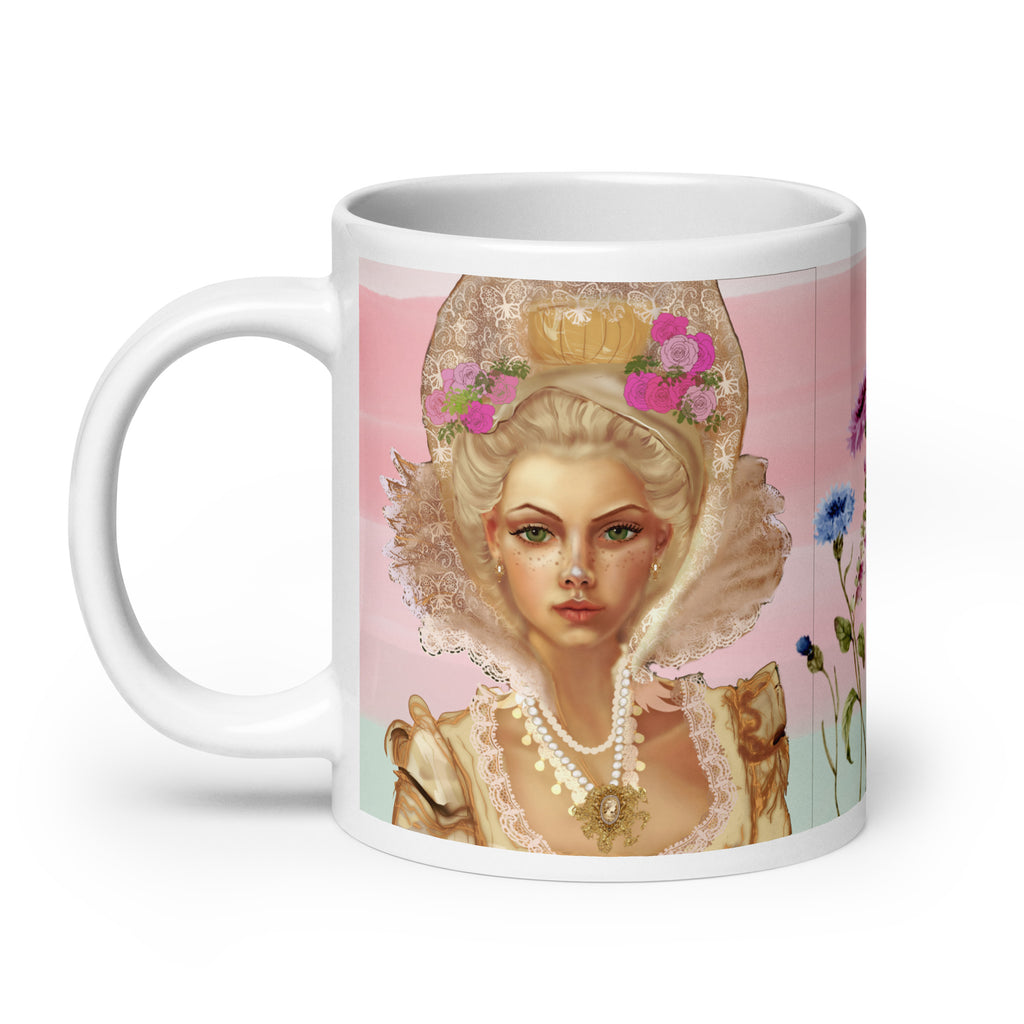 Stunning Premium white ceramic mug features the iconic French queen Marie Antoinette with her elaborate updo hairstyle, ornate golden crown adorned with pink flowers, magnificent white lace Elizabethan collar, and pearl necklaces. Surrounded by her beloved cornflowers (bleuets) and a delicate purple butterfly - 1520- oz  left view