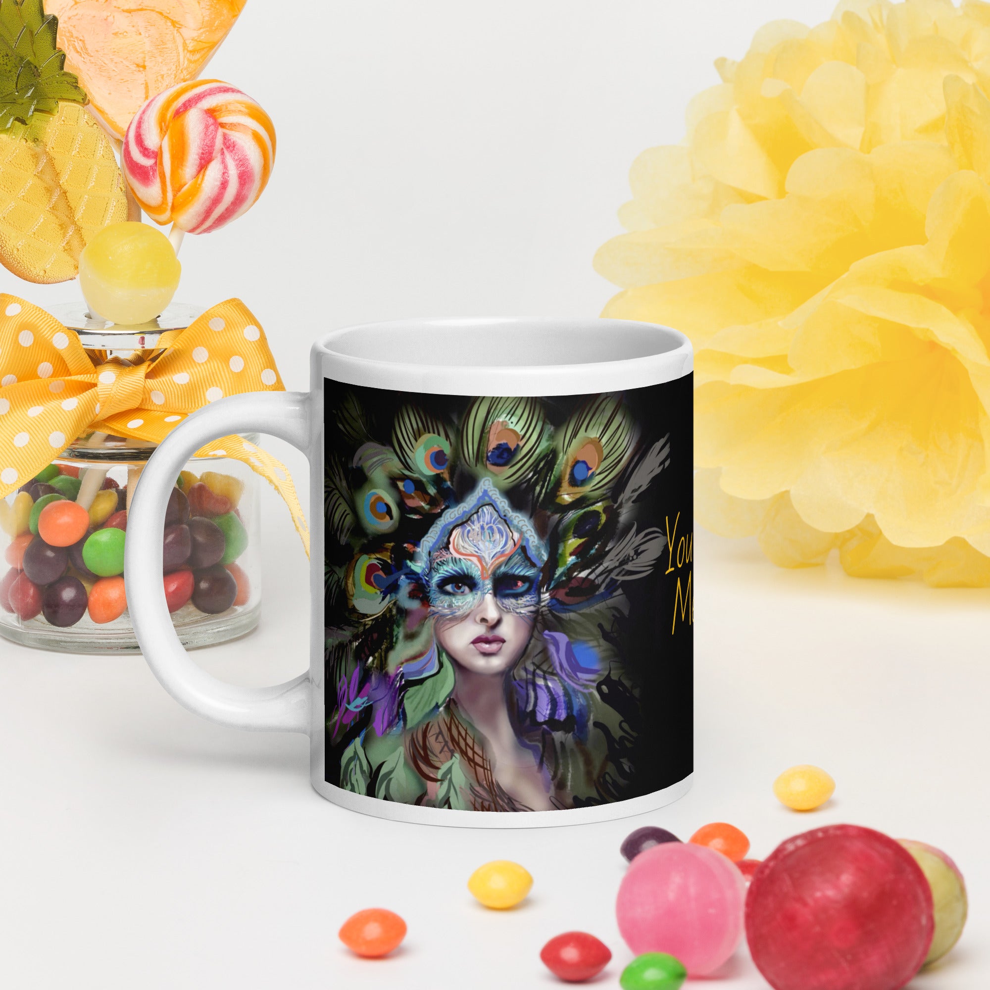 Stunning Premium white ceramic mug features a majestic woman adorned with vibrant peacock feathers, ornate blue and orange face paint, and a regal purple and green costume. With the inspiring message "You Are Majesty, 20- oz left view