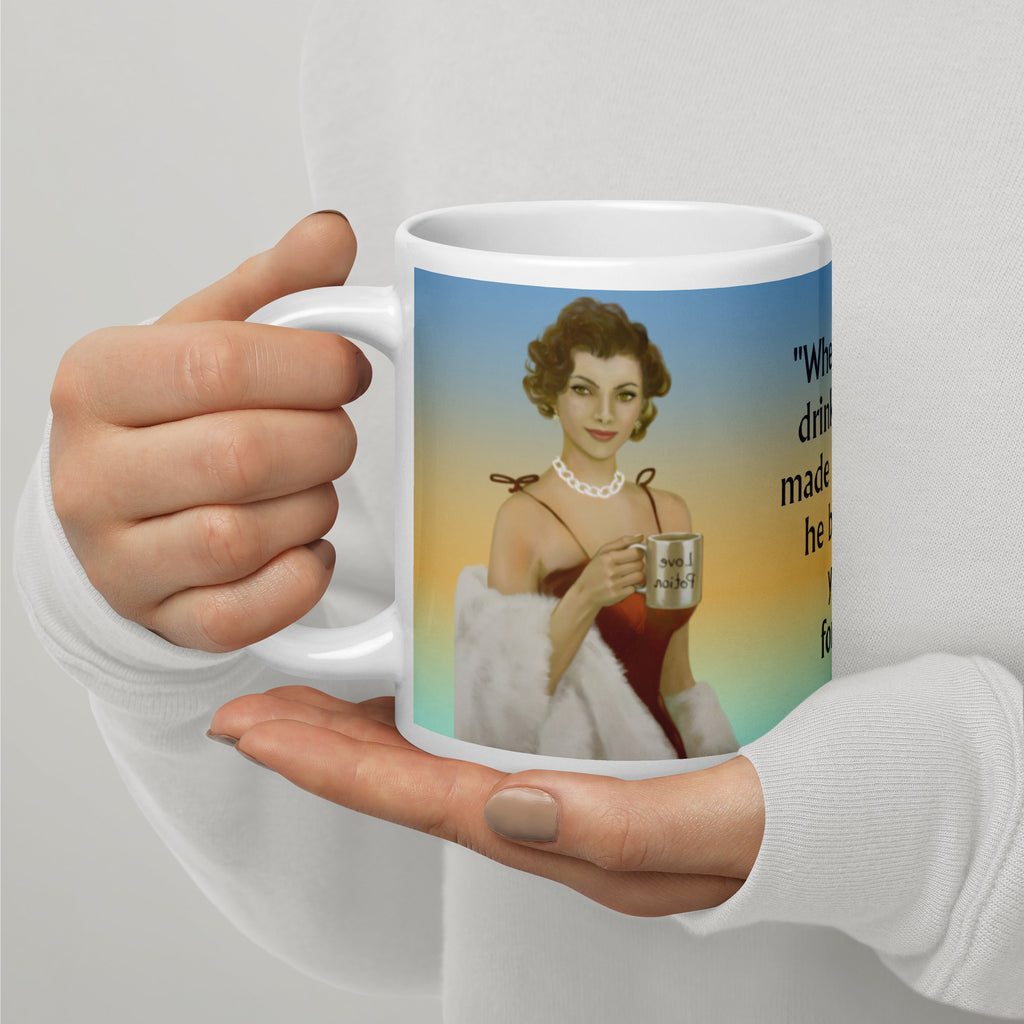 Charming Premium white ceramic mug features Sophia, a stunning 1950s vintage woman with elegant style, silver necklace, and red dress, holding a mug that says "Love Potion." With the romantic message "When a man drinks coffee made by you.... he becomes yours forever,  20 - oz - left view