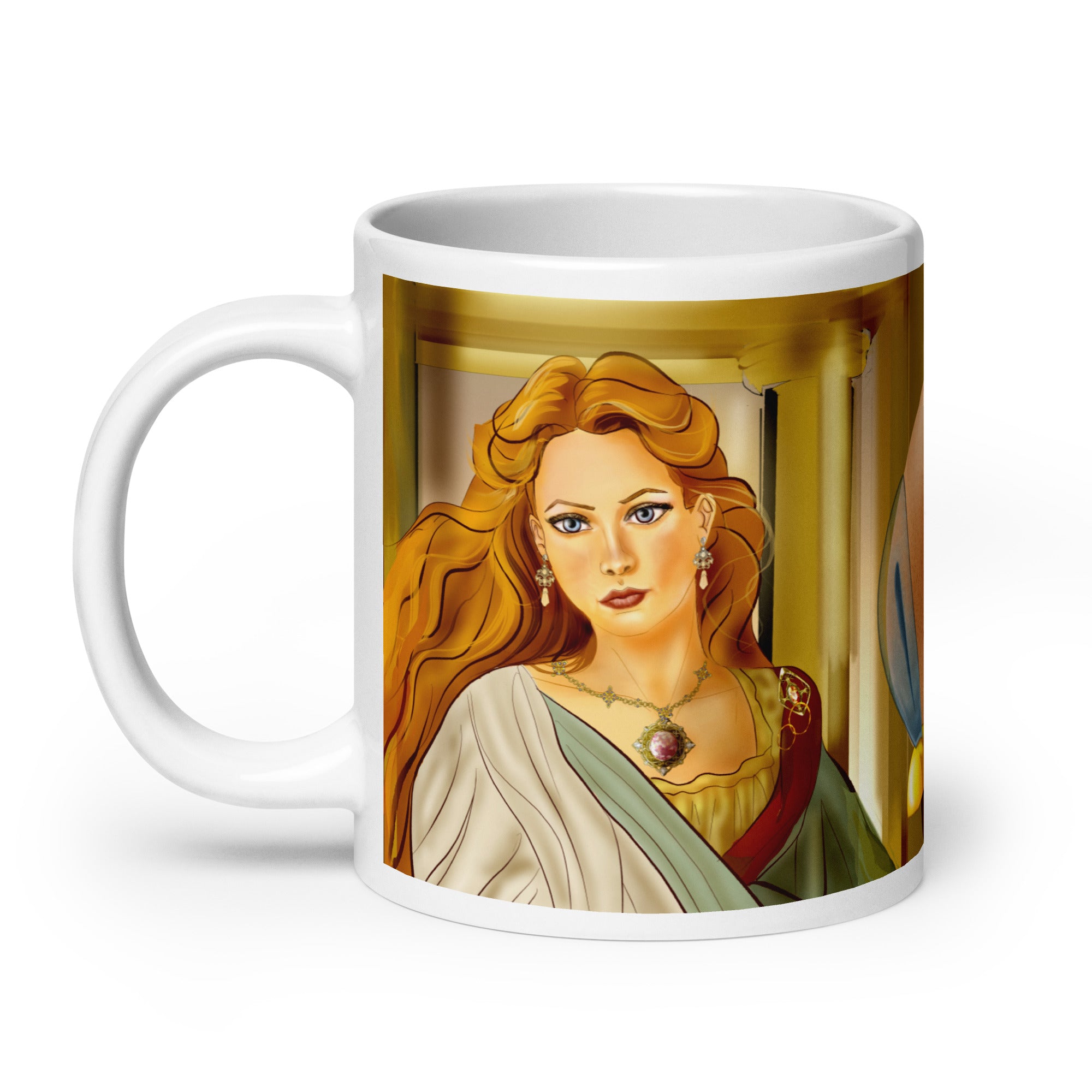 Premium white ceramic mug features Helen of Troy, the legendary beauty that launched 1000 ships that lead to the Trojan war. With her flowing golden hair, striking green eyes, elegant white dress with green sash, and purple gemstone necklace 20 - oz - left view