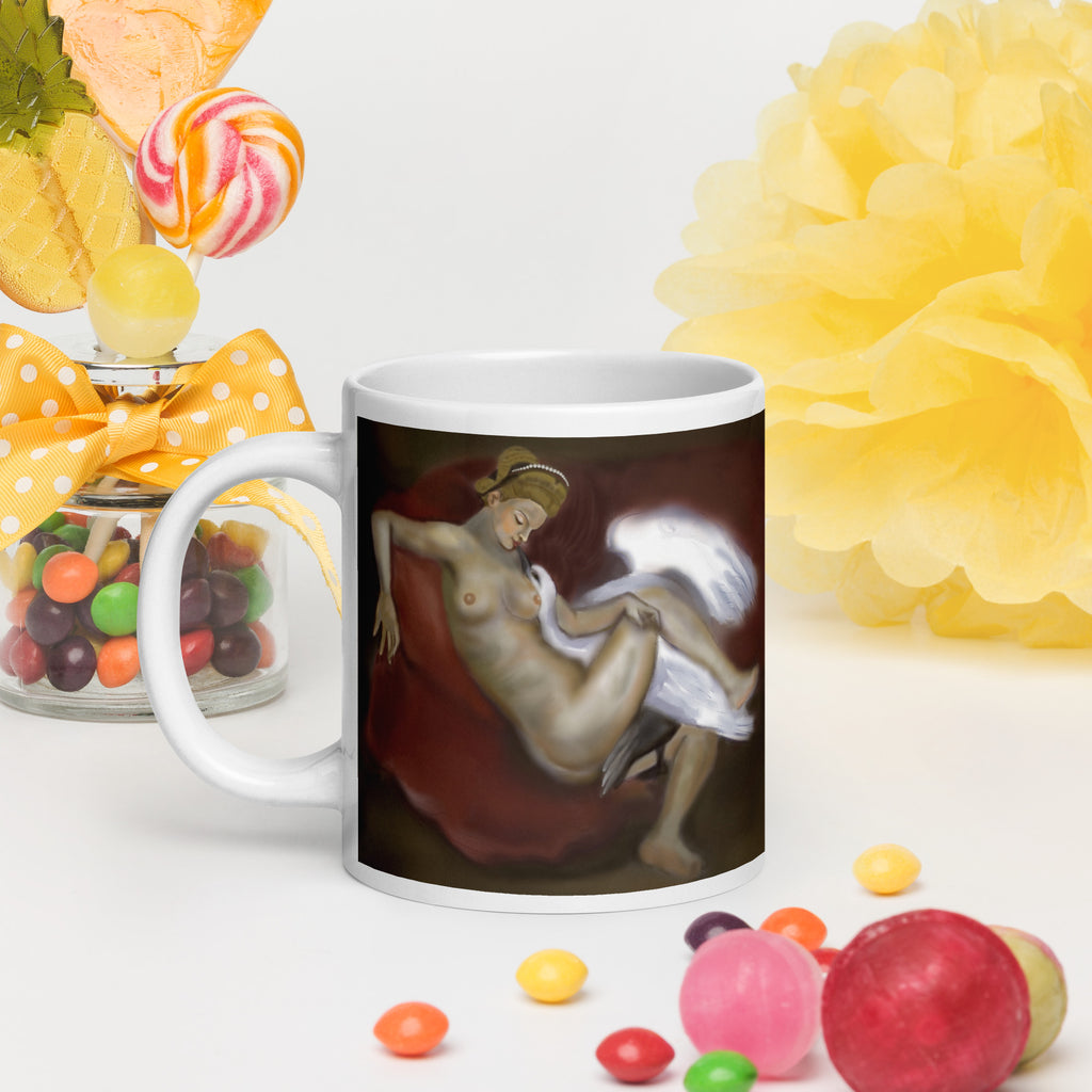 Stunning Premium white ceramic mug features a classical Renaissance-style painting of the mythological tale of Leda and the Swan. In Greek mythology,  20- oz - left view