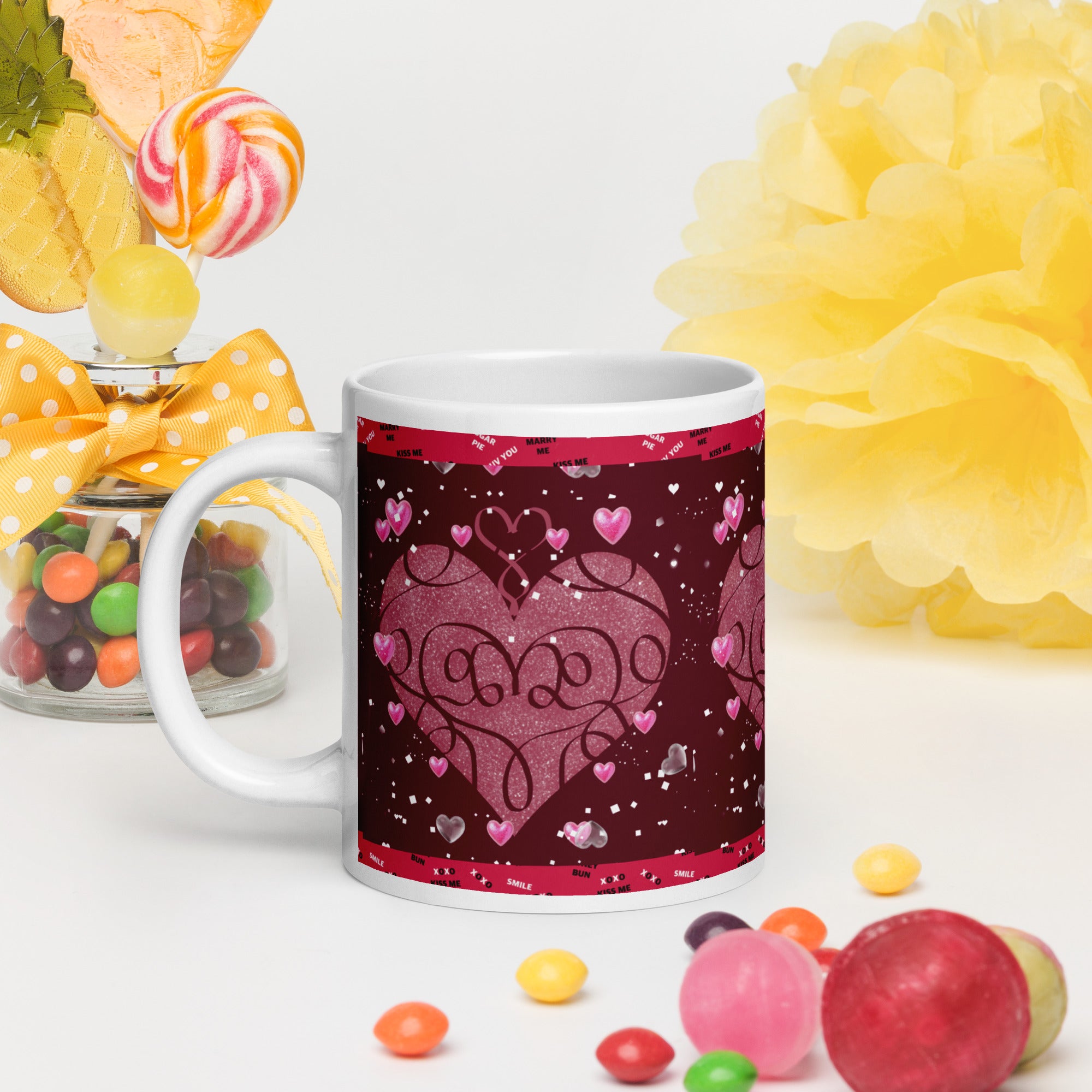 Premium white Sweet Talk Valentine Mug - Rich dark burgundy  background with a pink heart in the center and floating smaller pink hearts all around. The border has love messages 20- oz - left view