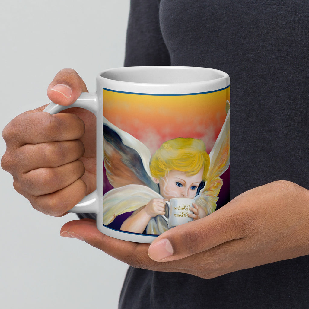 Beautiful Divine Brew Amorino angel premium ceramic mug with original oil painting! Classical Renaissance cherub with coffee - 20 - oz left view