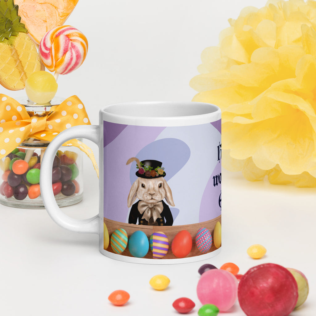 Premium white ceramic -Dapper bunny easter mug with victorian bunny and colorful easter egg design- customizable 20 oz left view