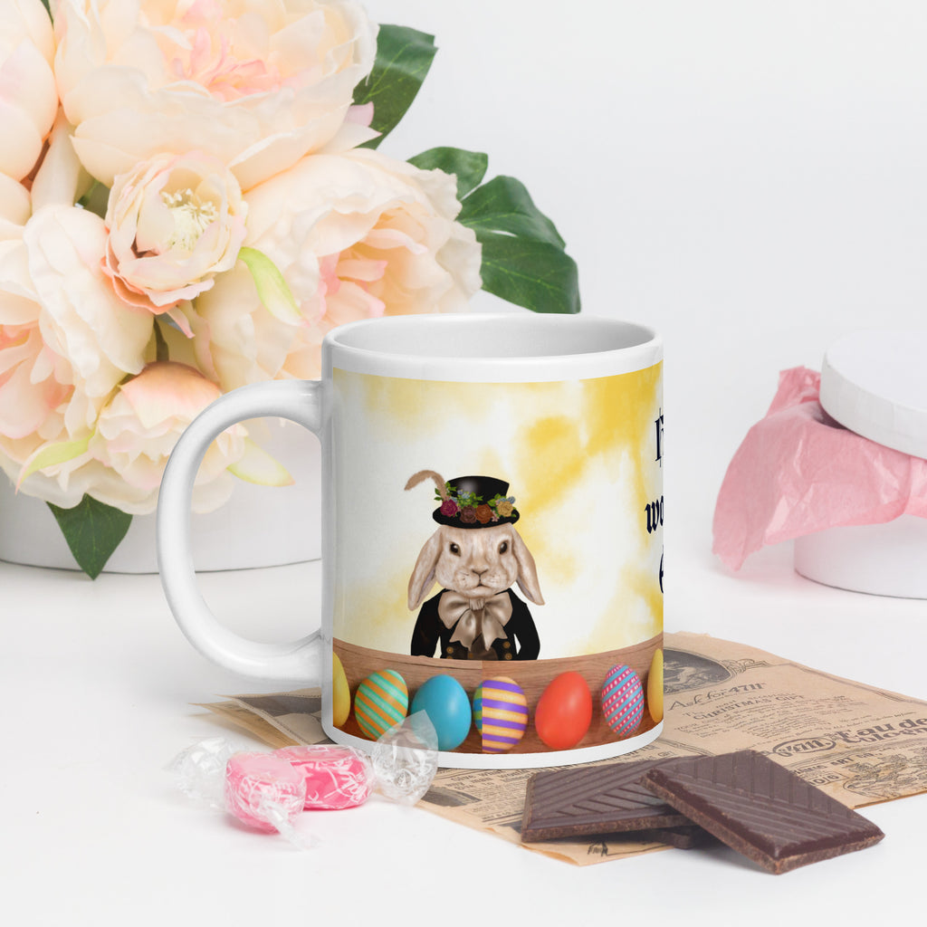 Premium white ceramic -Dapper bunny easter mug with victorian bunny and colorful easter egg design- customizable 20 oz left view