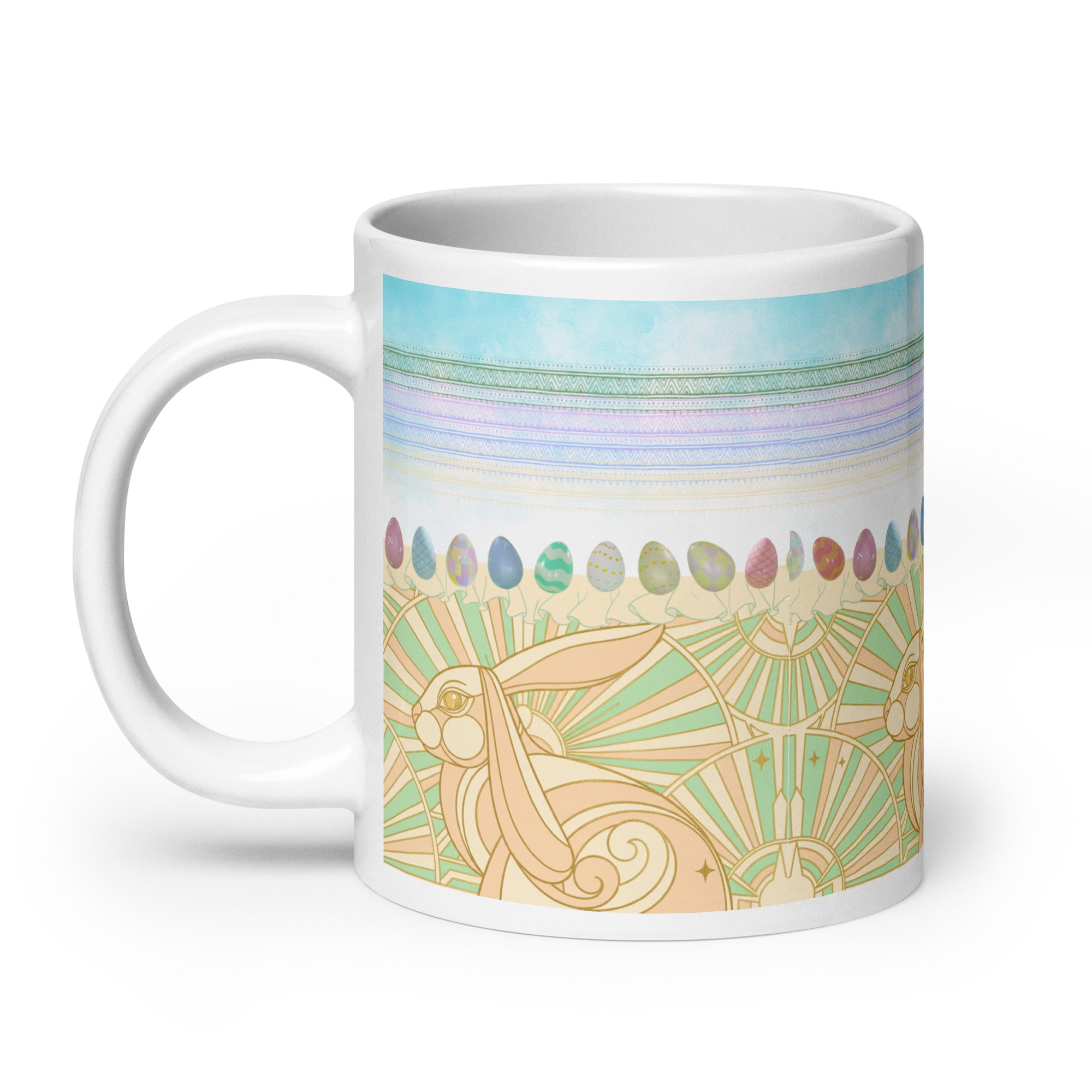 Premium white ceramic - Art Deco Easter bunny mug - Art Deco golden bunny with geometric sunburst pattern
Row of watercolor Easter eggs in pastel pink, blue, green, and lavender
 - 20 oz left view