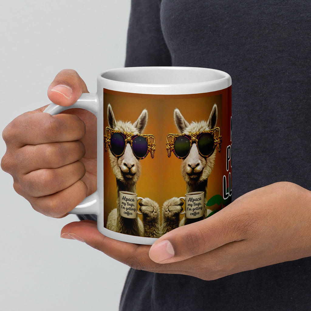 Premium white ceramic - No Prob-llama LLama mug with two Llamas sharing a cup of coffee wearing designer sunglasses with a sunny orange background 20 oz left view