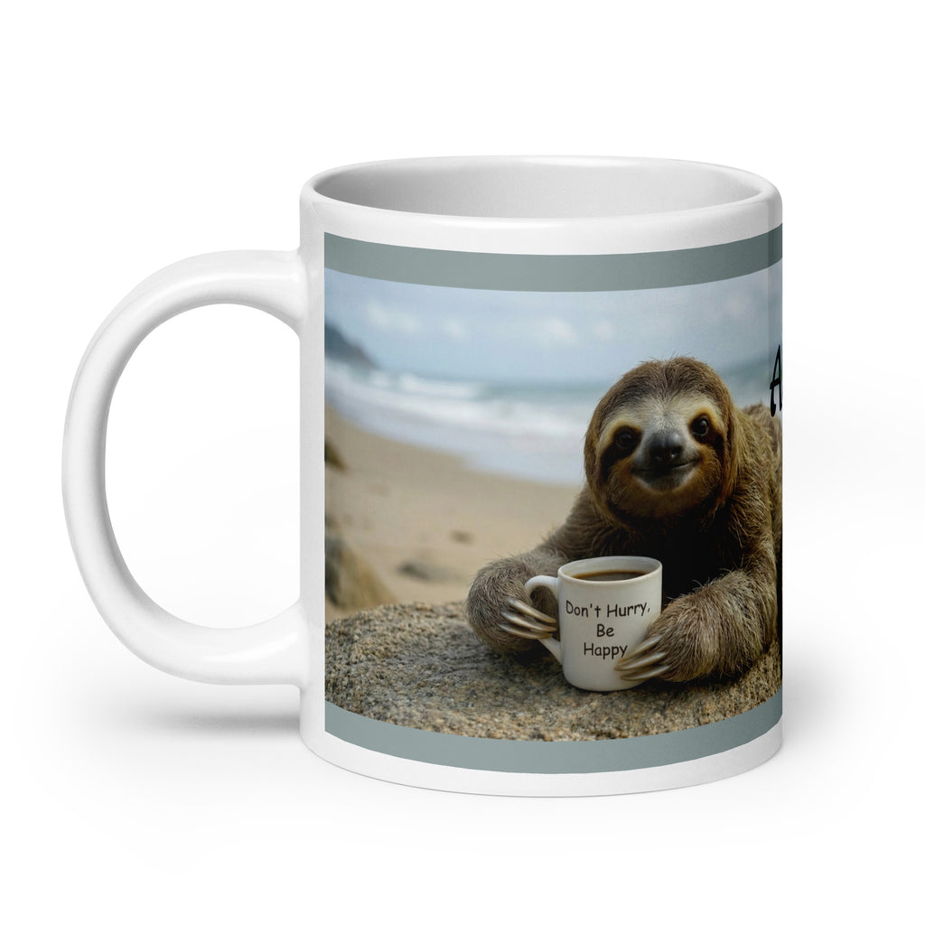 Premium white ceramic - Sloth coffee mug - Happy sloth enjoying life at the beach with his coffee 20 oz left view