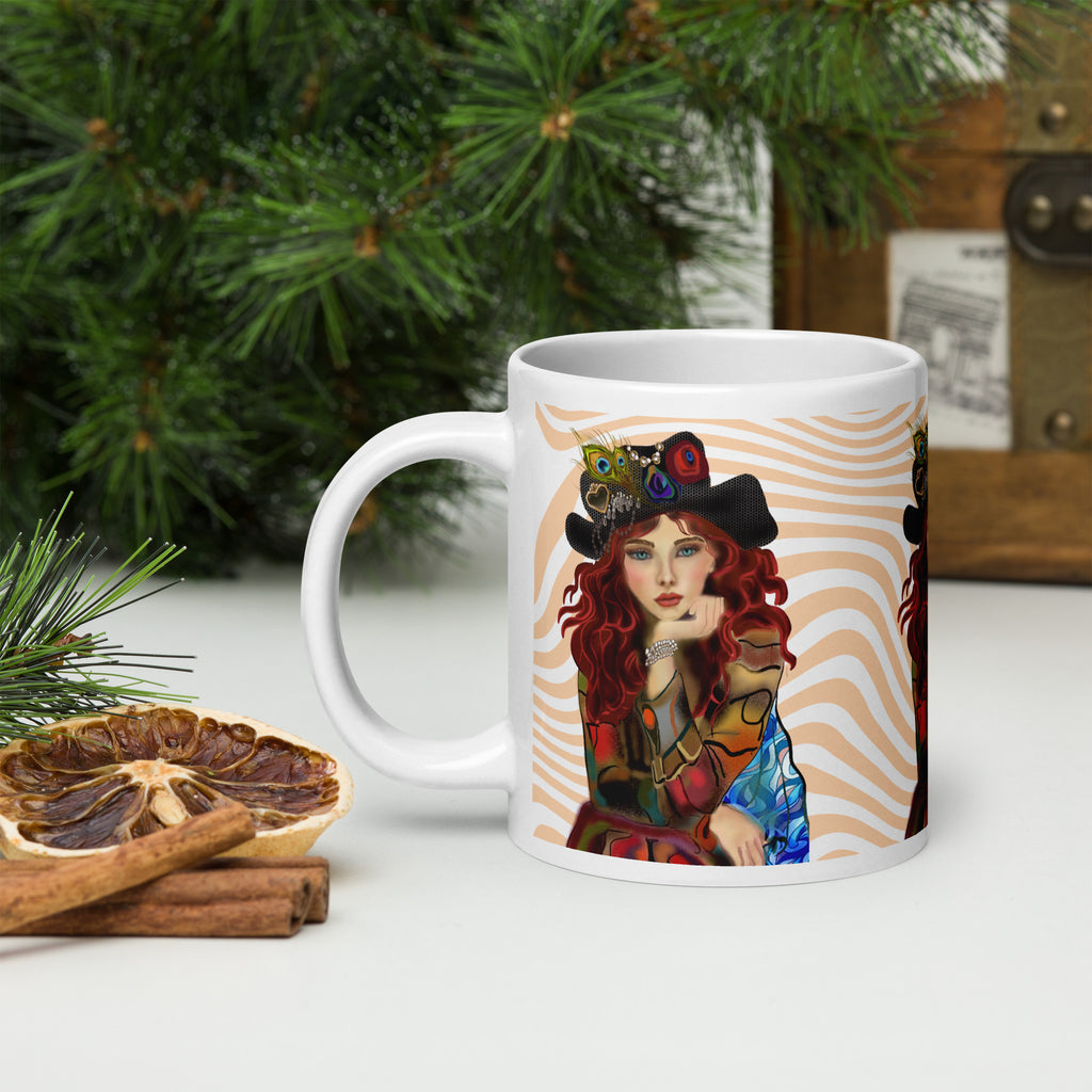 Premium White Ceramic -Steampunk Peacock Woman Mug - Whimsical Patchwork White Ceramic-20-oz-left