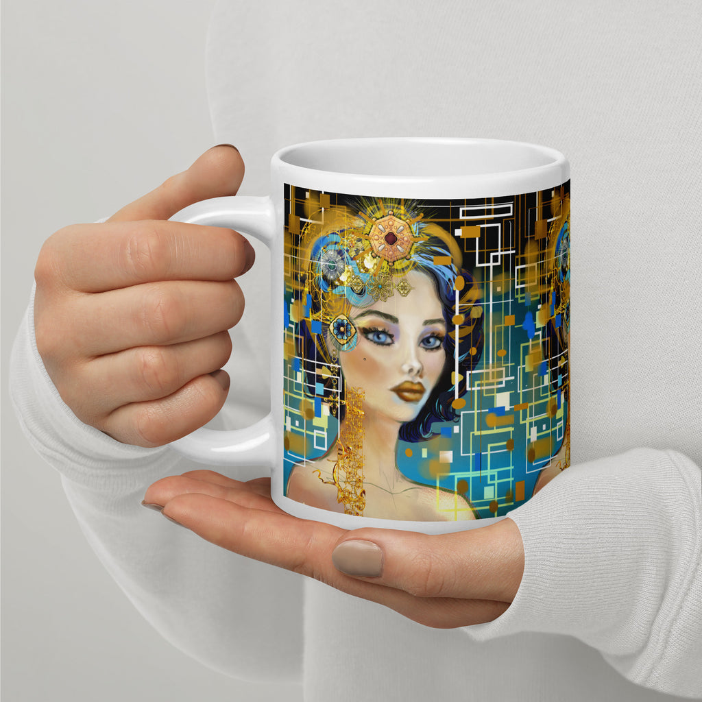 Steampunk Clockwork Woman Mug - Art Deco Futuristic White Ceramic Mug-20 -oz-left