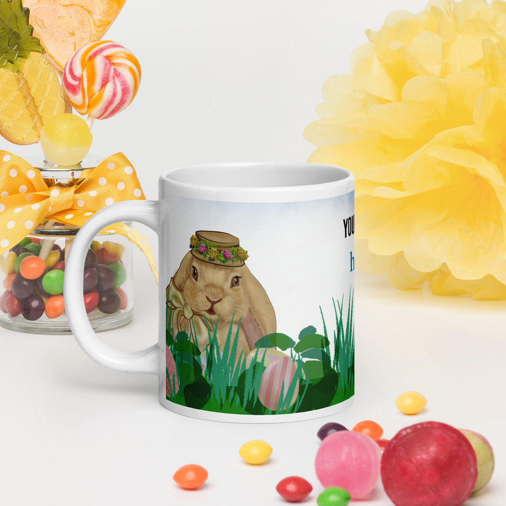 Premium white ceramic Mug - Spring Bunny Lady Mug - Personalized Easter Ceramic Coffee Mug - sky blue-20oz - Adorable Spring Lady  bunny with floral crown hat in a garden of easter eggs - 20 oz - left view