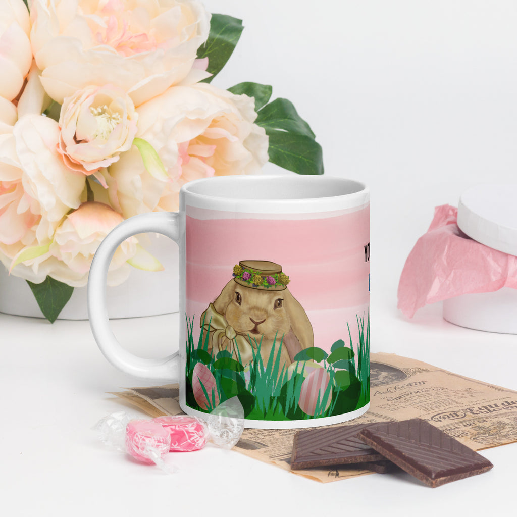 Premium white ceramic Mug - Spring Bunny Lady Mug - Personalized Easter Ceramic Coffee Mug - pink  - Adorable Spring Lady  bunny with floral crown hat in a garden of easter eggs - 20 oz - left