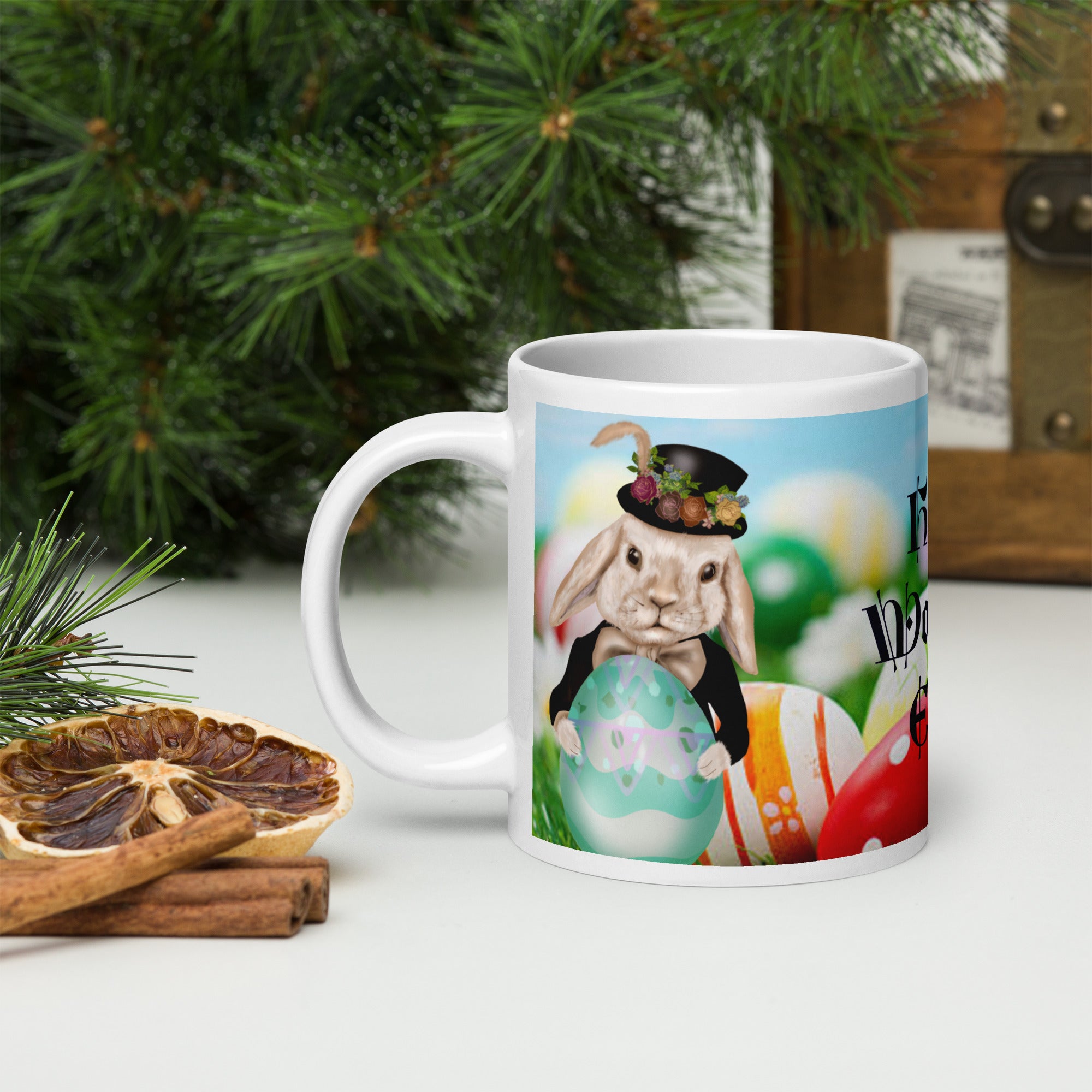 Premium white ceramic -Dapper Bunny Easter Mug - colorful easter egg design with charming victorian lop eared bunny wearing top hat and bow tie - 20 oz left view